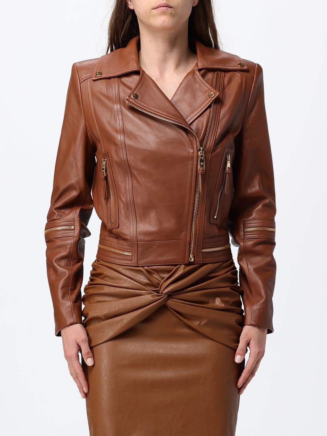 Elisabetta Franchi Slim-Fit Leather Biker Jacket with Asymmetrical Zip
