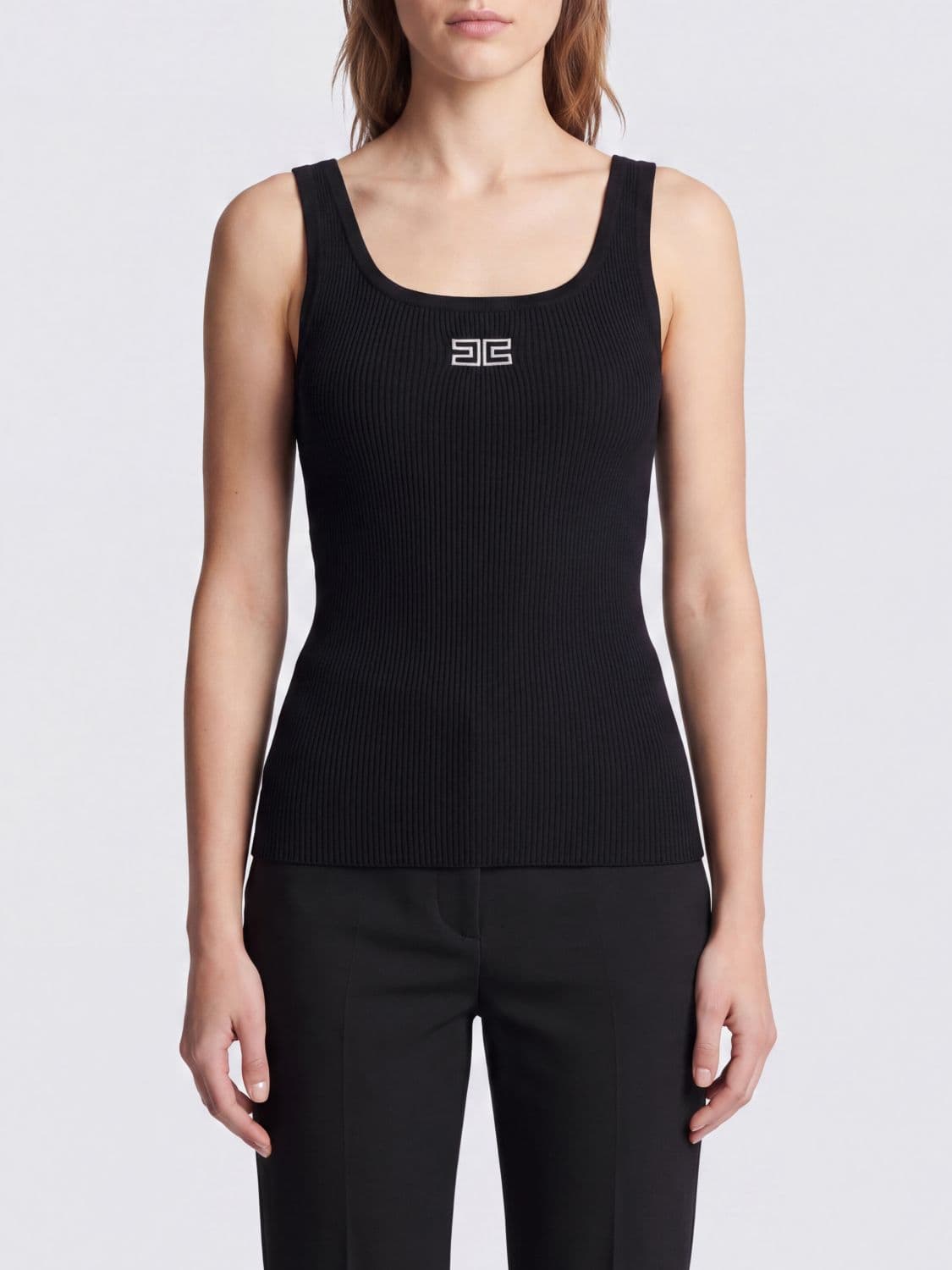 Elisabetta Franchi Slim Fit Wool Knit Top with Embroidered Logo