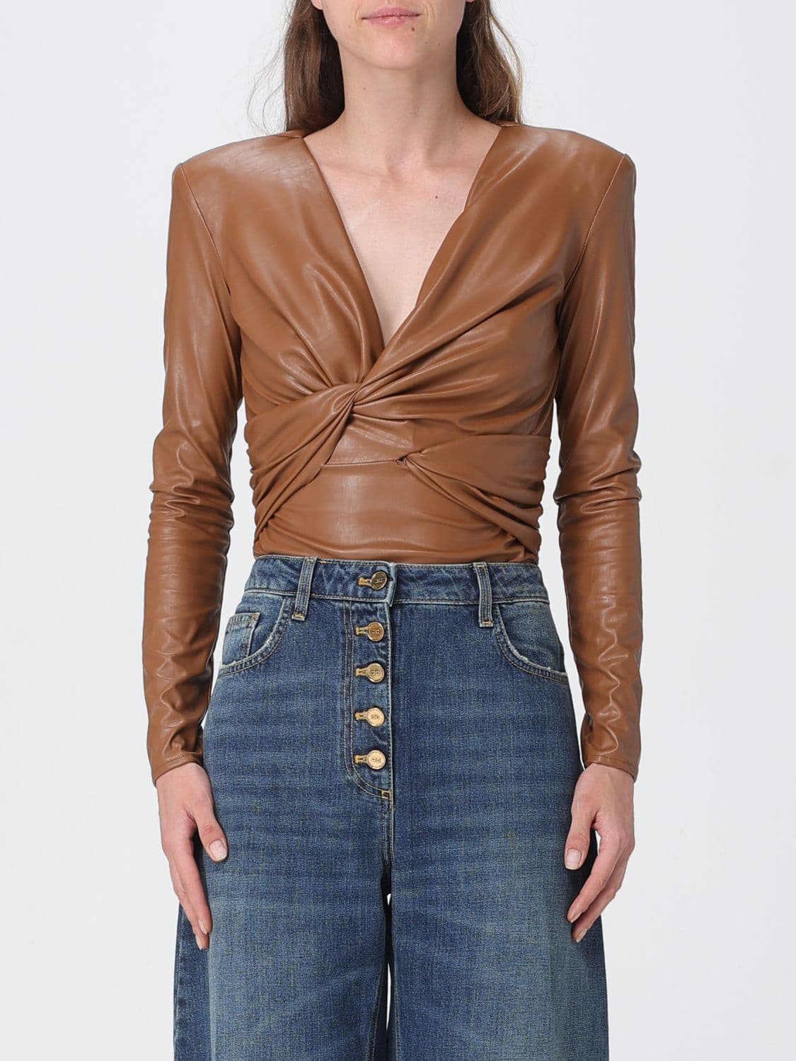 Elisabetta Franchi Long-Sleeved Draped Faux Leather Evening Top