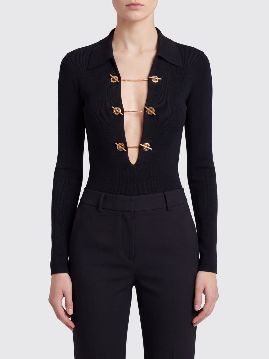 Elisabetta Franchi Viscose Knit Top with V-Neck and Clamp Detail