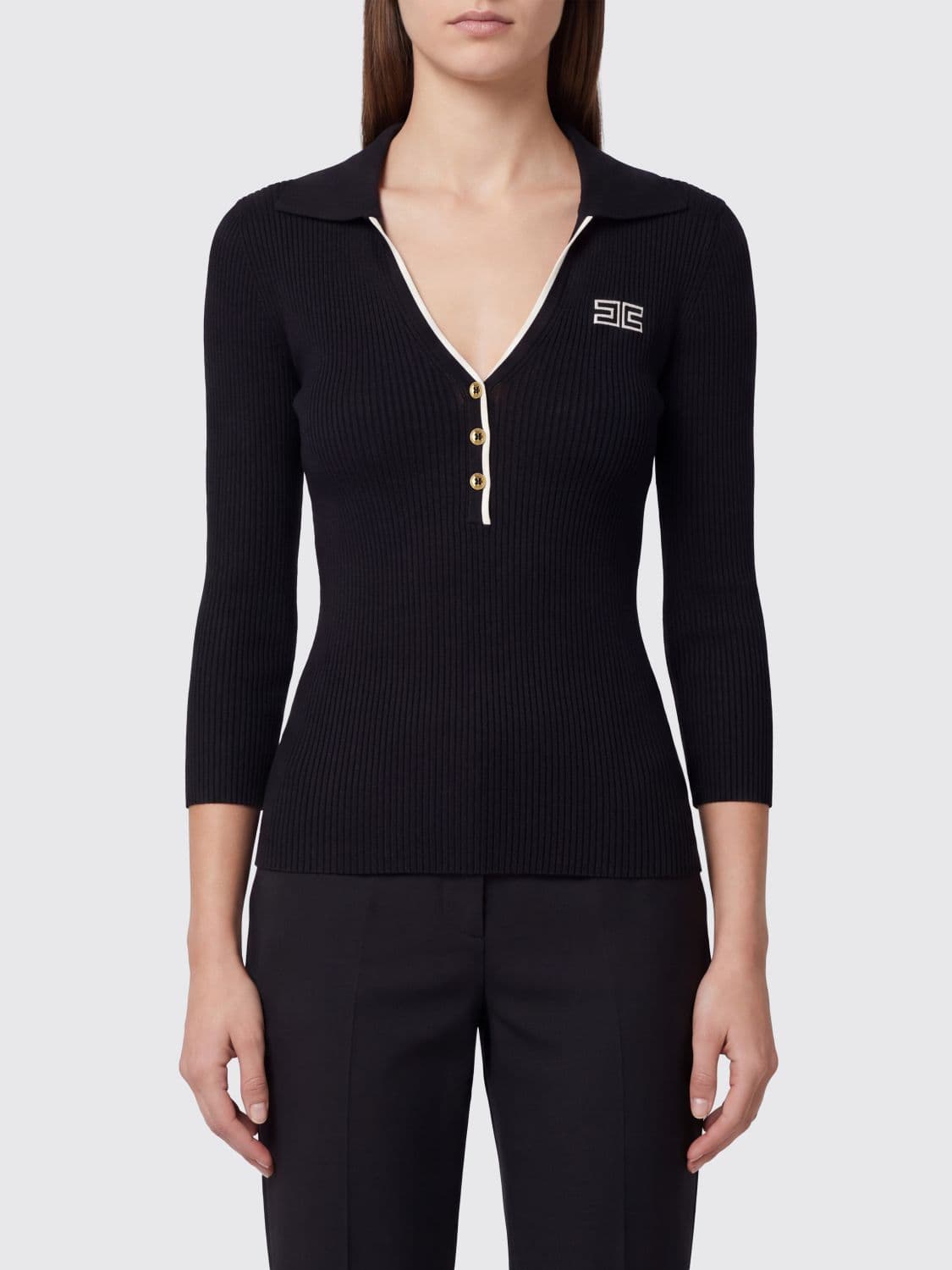 Elisabetta Franchi Slim Fit Long-Sleeved Ribbed Knitted Polo Shirt