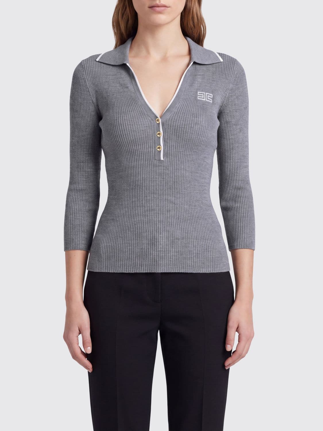 Elisabetta Franchi Slim Fit Long-Sleeved Ribbed Knitted Polo Shirt