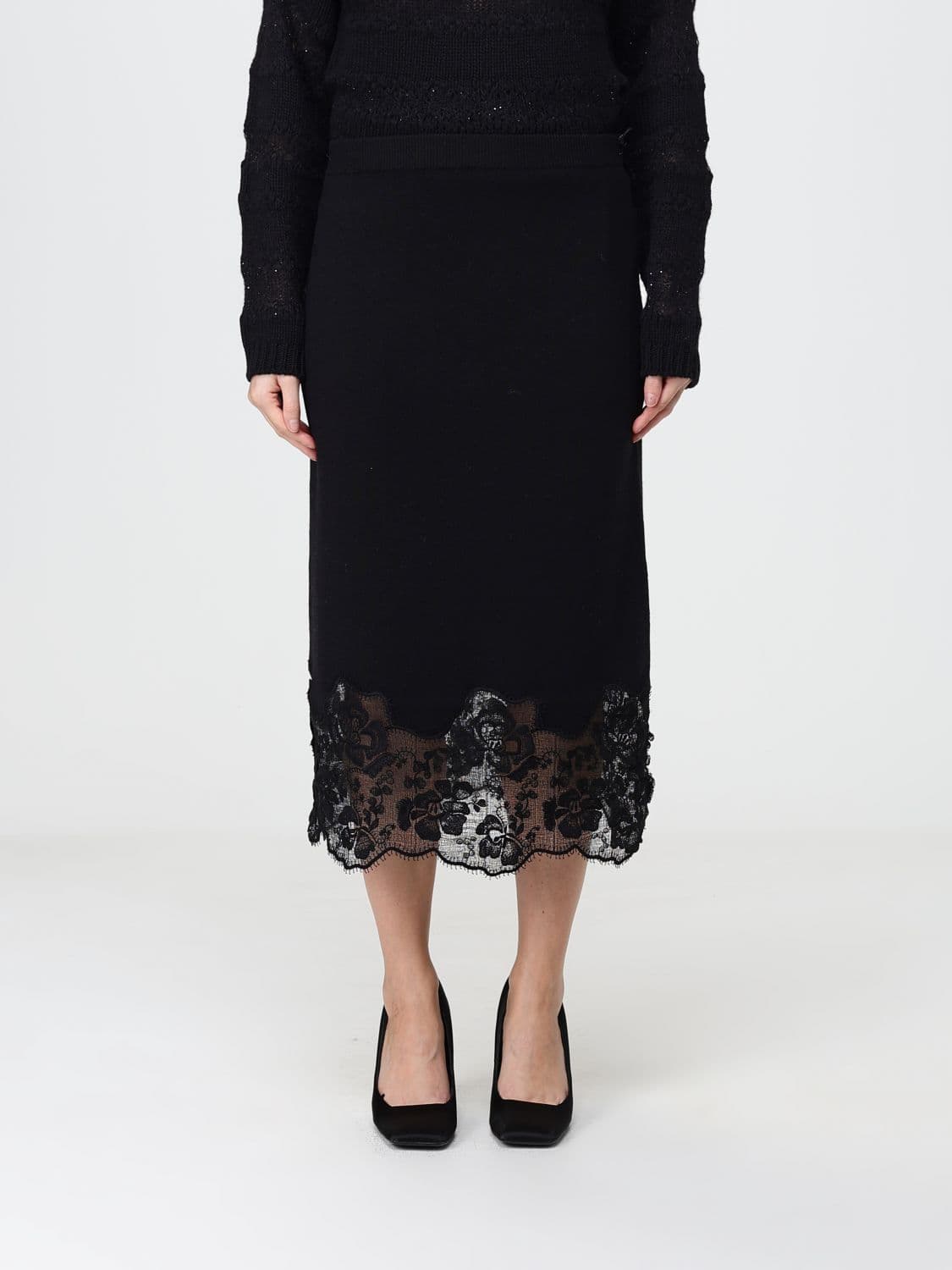 Fabiana Filippi Long Knit Pencil Skirt in Wool and Silk with Lace Inserts