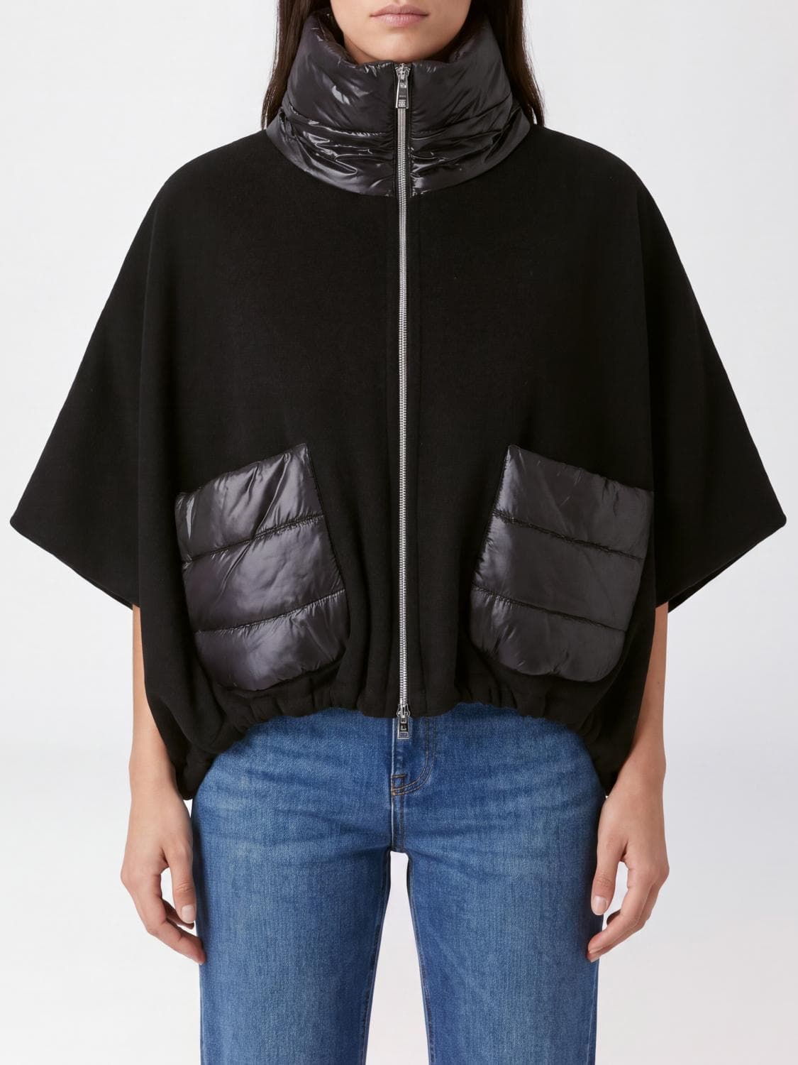 Herno Short Wool and Cashmere Blend Cape with Funnel Neck and Zip Closure