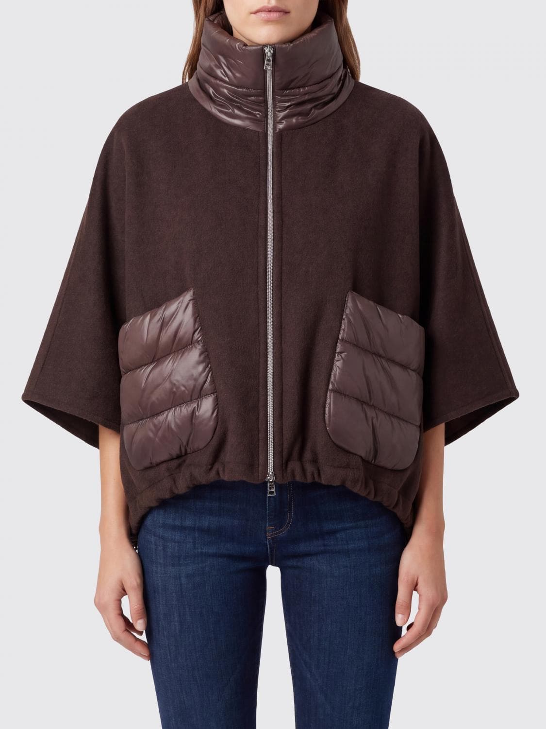 Herno Short Wool and Cashmere Blend Cape with Funnel Neck and Zip Closure · M