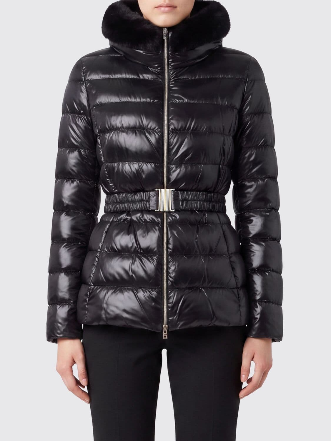 Herno Slim Fit Quilted Nylon Puffer Jacket with Fur Collar and Belt