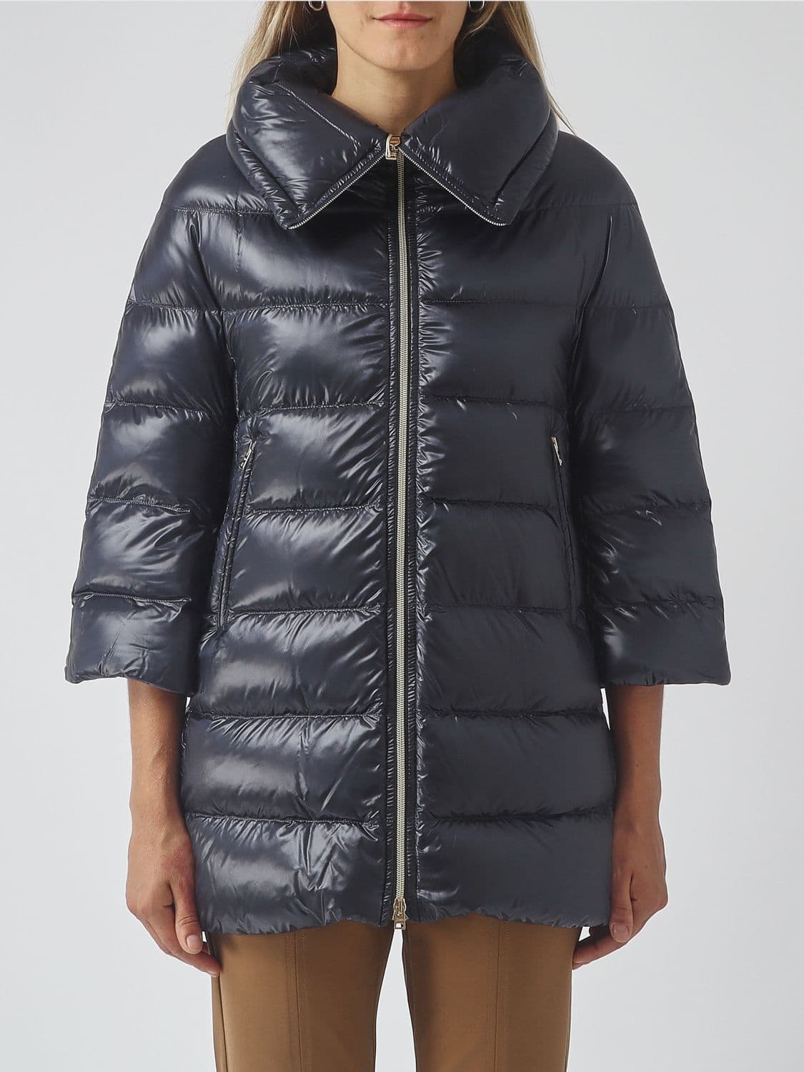 Herno Long Quilted Nylon Puffer Coat with Funnel Neck and Zip Closure