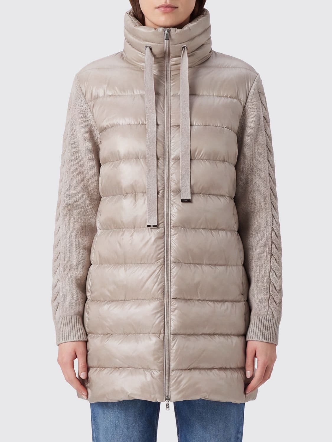 Herno Long Nylon and Knit Puffer Coat with High Neck and Down Padding