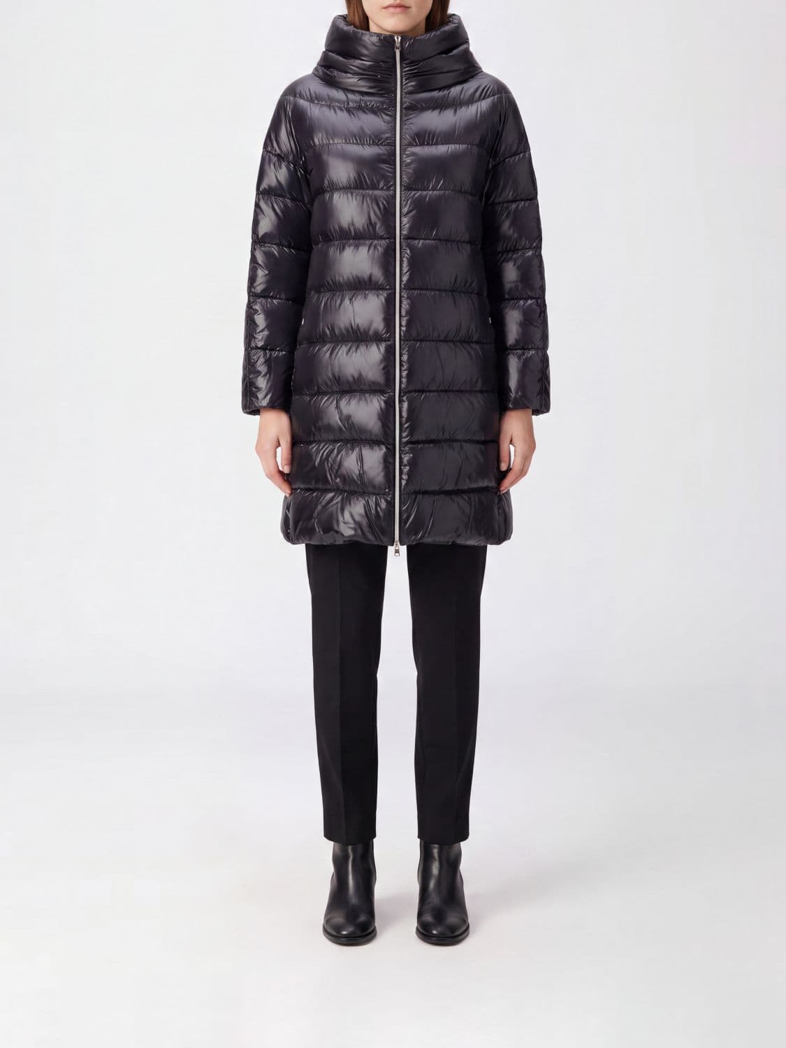 Herno Long Quilted Nylon Puffer Coat with High Neck and Down Padding