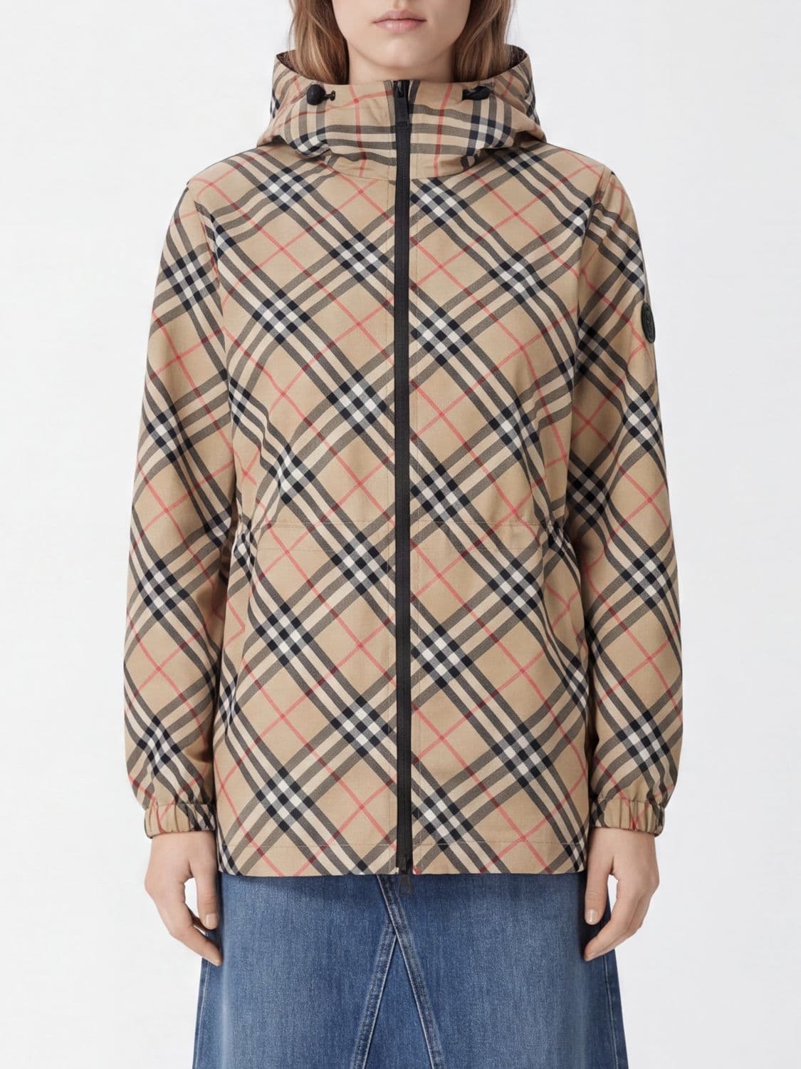 Burberry Hooded Windbreaker Jacket with Contrast Vintage Check Pattern