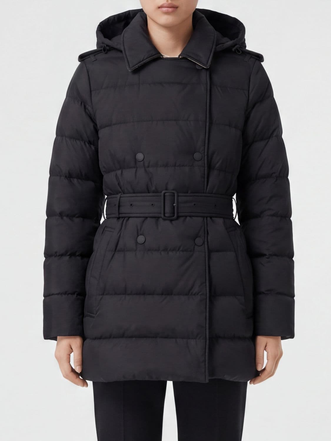 Burberry Double-Breasted Short Puffer Jacket in Quilted Nylon with Hood and Belt