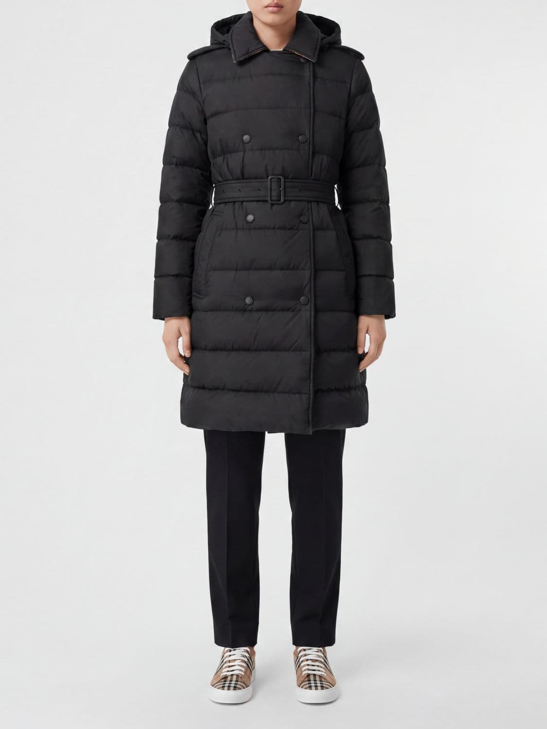 Burberry Double-Breasted Quilted Nylon Puffer Coat with Hood and Belt