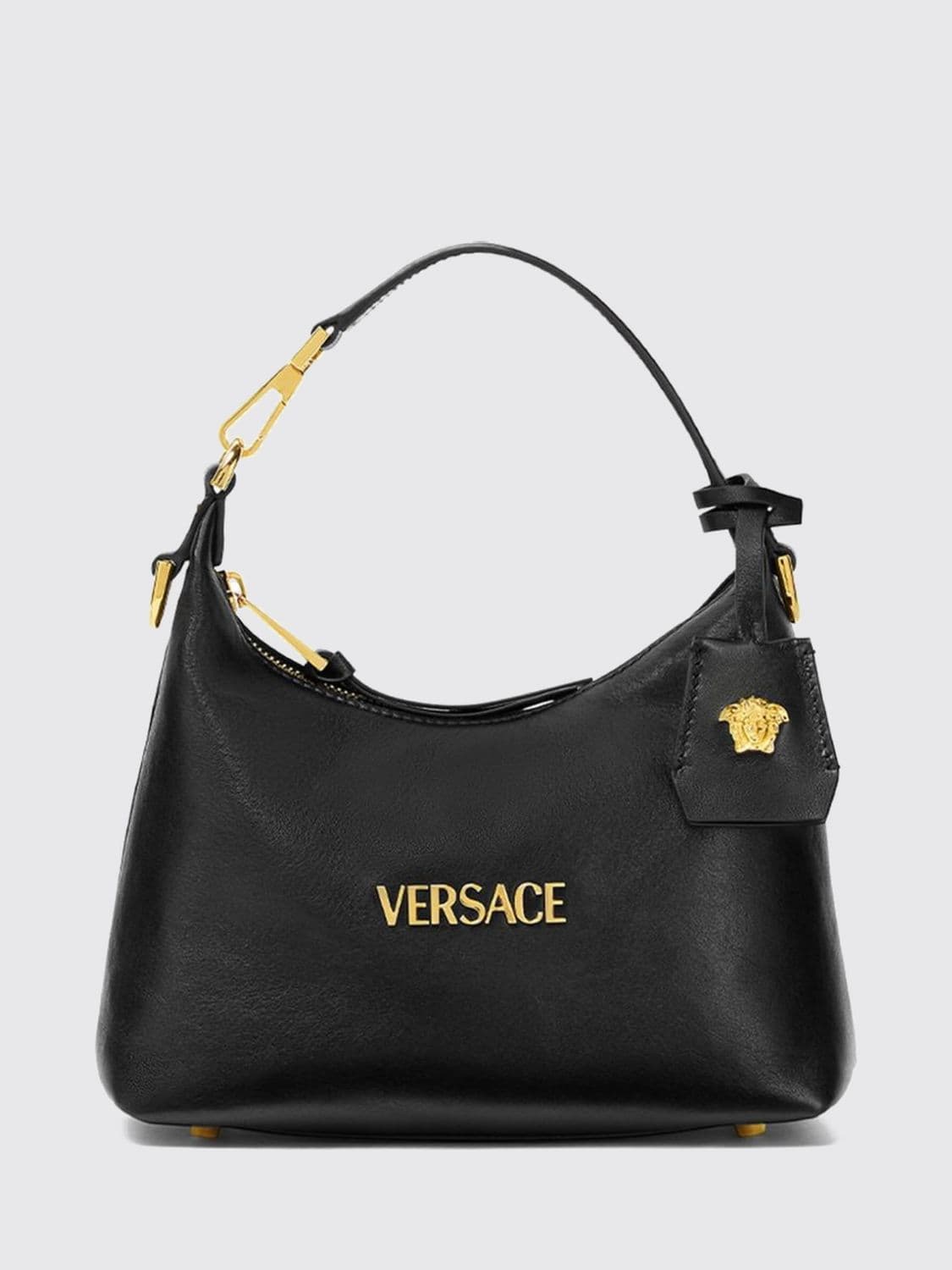 Versace Smooth Calfskin Leather Mini Hobo Bag with Charm and Lettering Logo