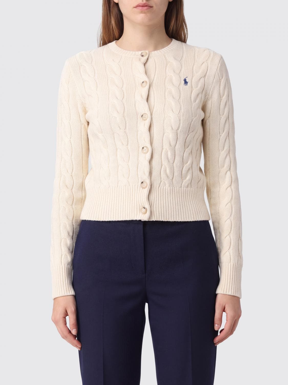Polo Ralph Lauren Crewneck Knit Wool Cardigan with Embroidered Pony Logo