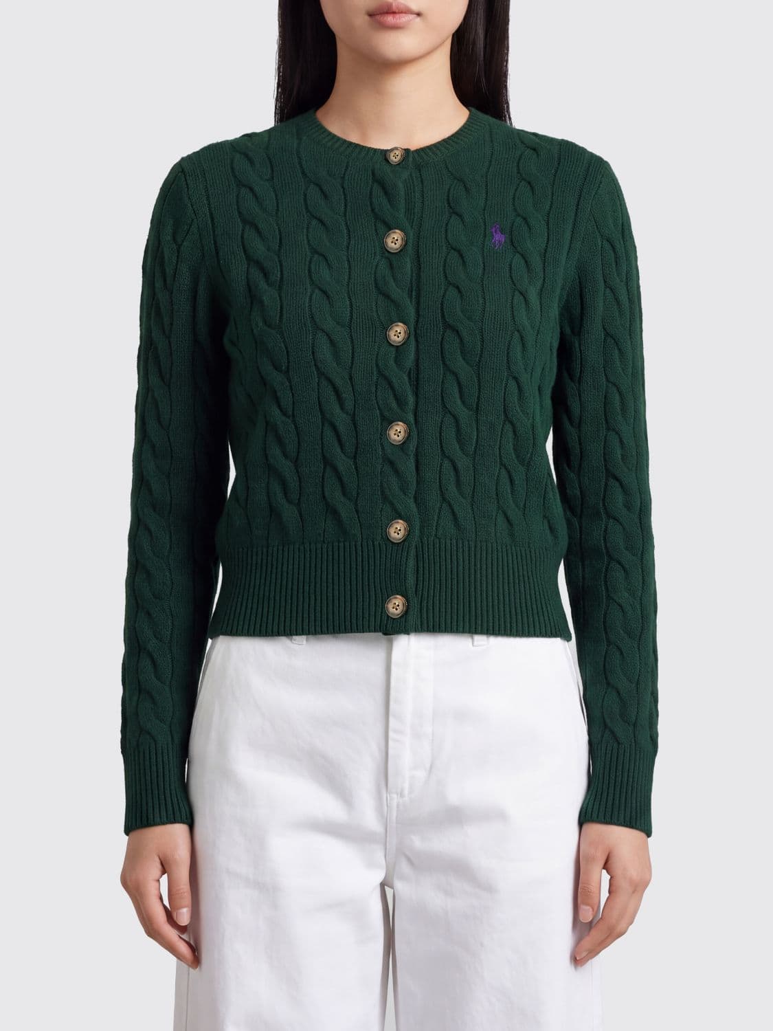 Polo Ralph Lauren Crewneck Knit Wool Cardigan with Embroidered Pony Logo
