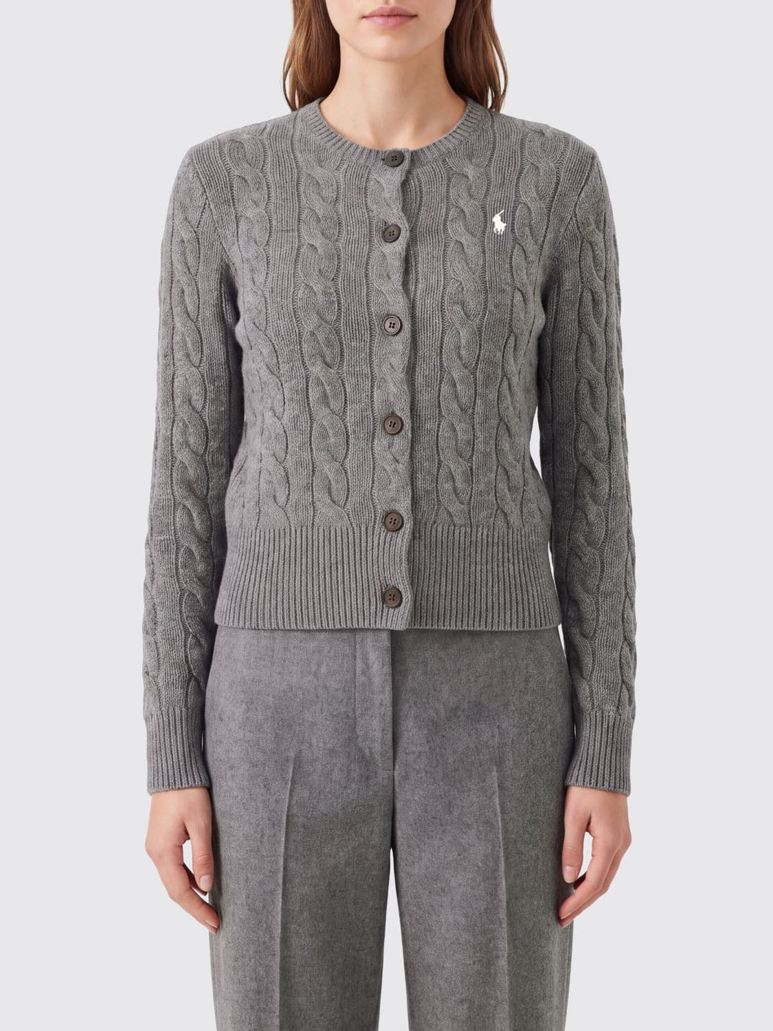 Polo Ralph Lauren Crewneck Knit Wool Cardigan with Embroidered Pony Logo