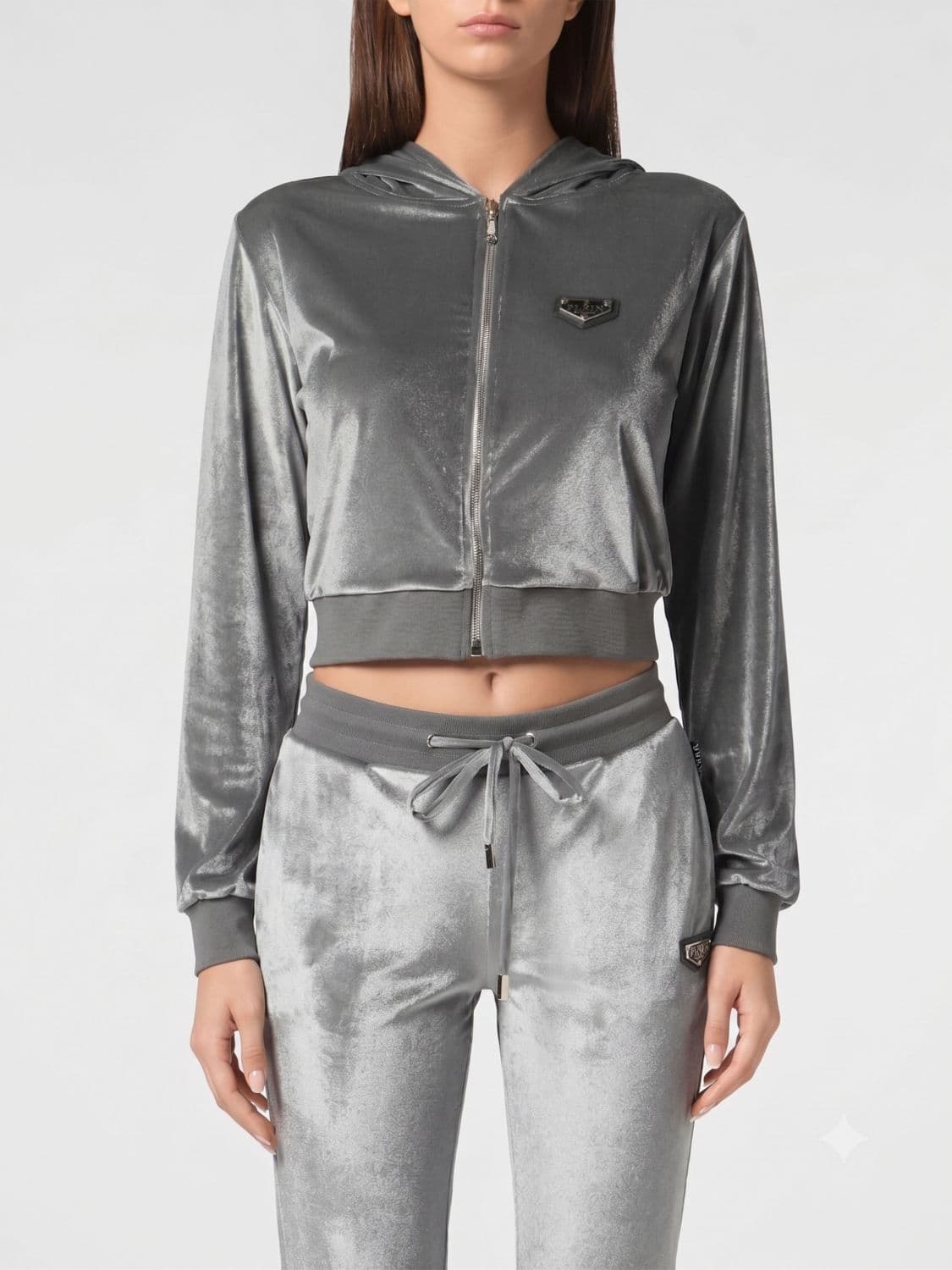 Philipp Plein Cropped Velvet Zip Hoodie with Skull Rhinestones