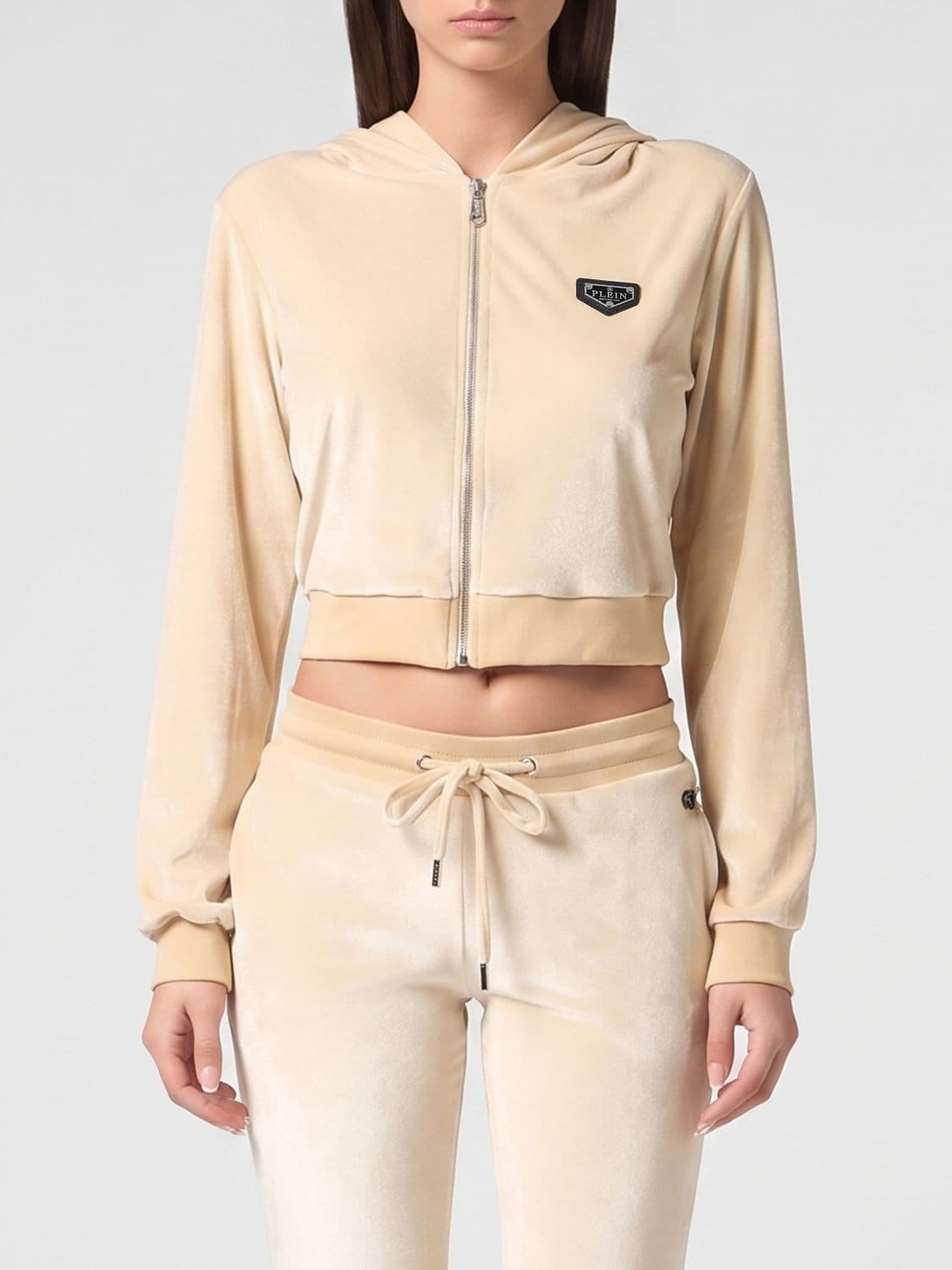Philipp Plein Cropped Velvet Zip Hoodie with Skull Rhinestones