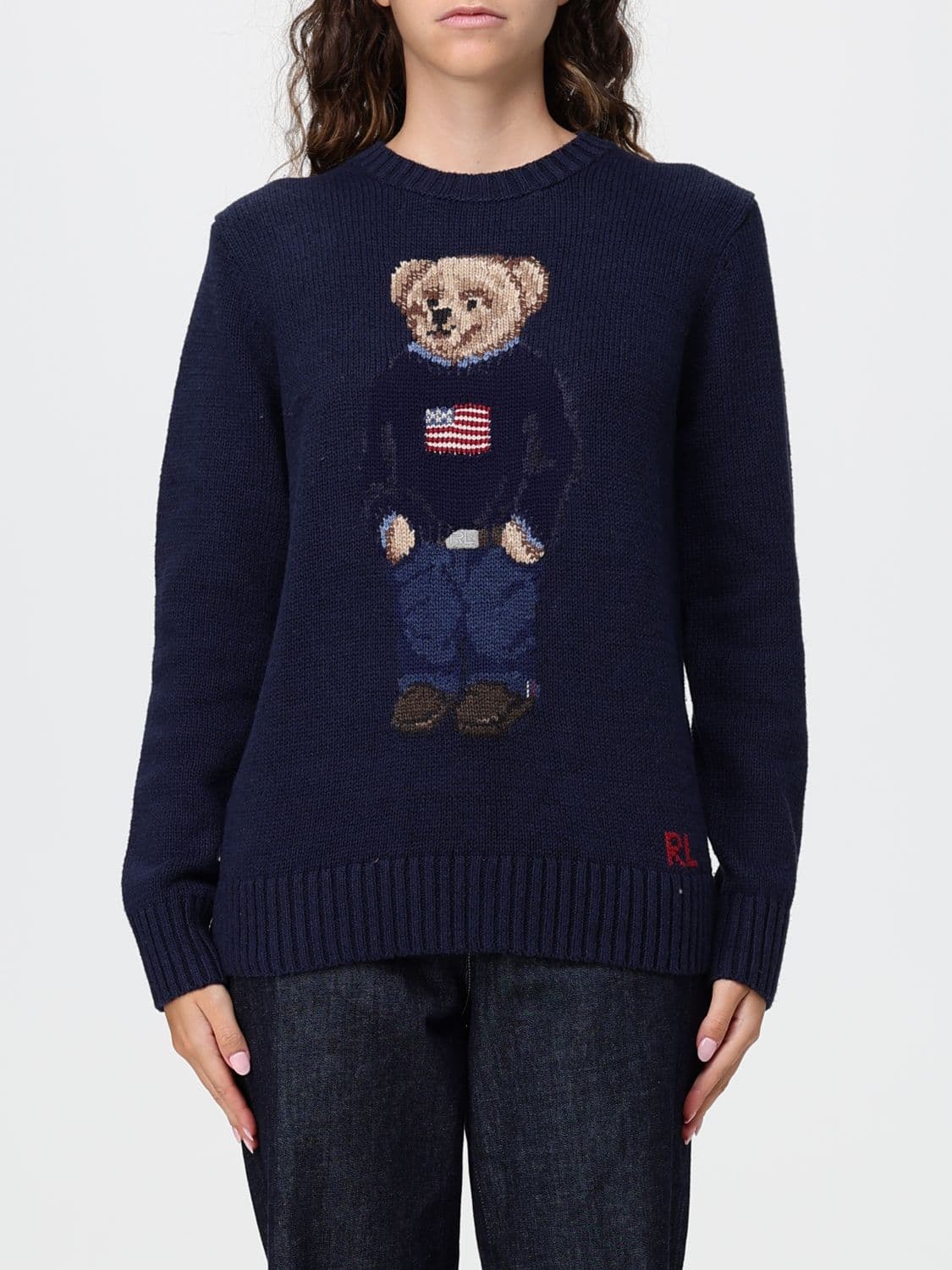 Polo Ralph Lauren Linen and Cotton Blend Crewneck Jumper with Teddy Bear Print · L