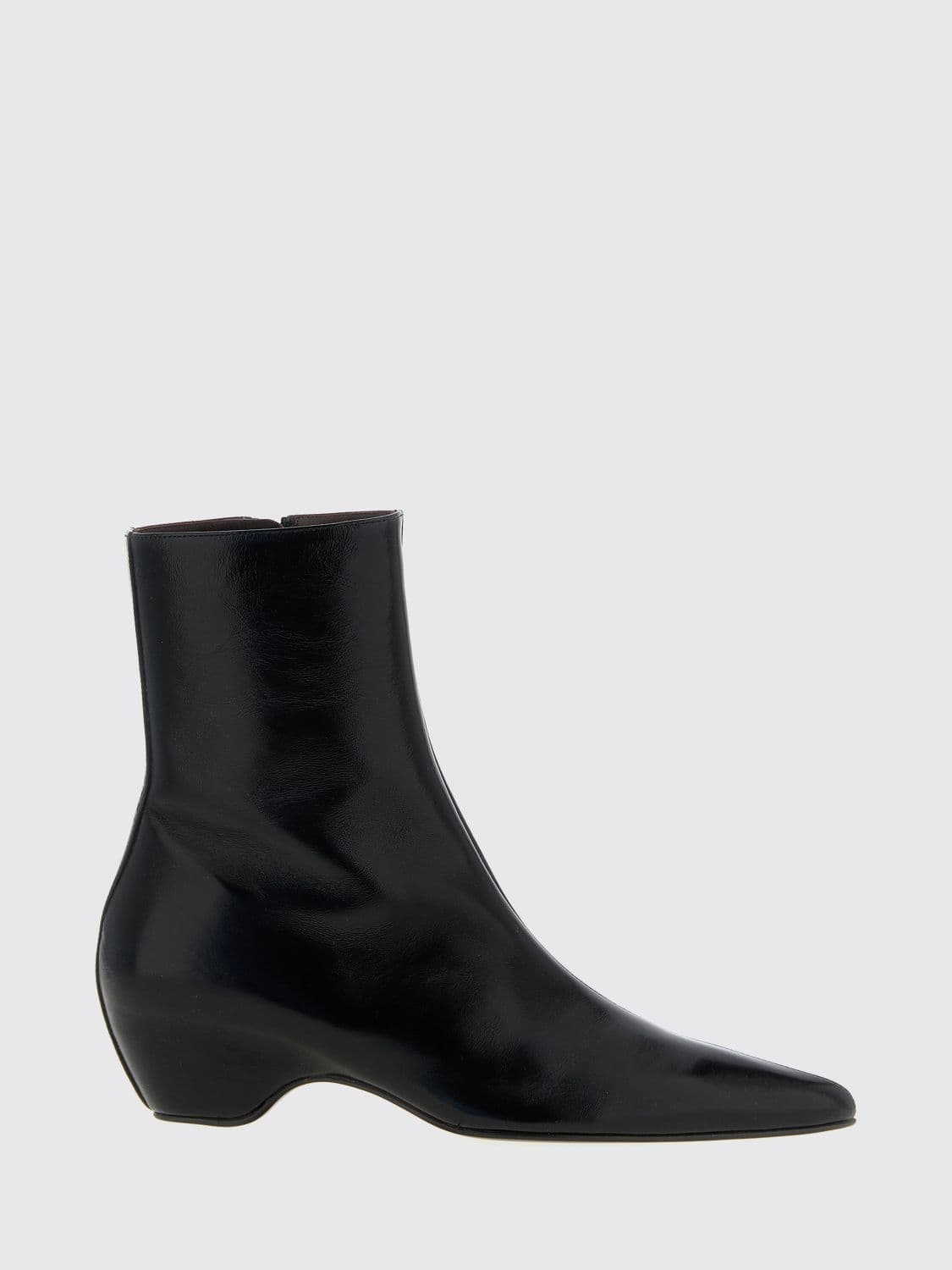 Khaite Sybil Smooth Calfskin Ankle Boot with Almond Toe and Mid Heel