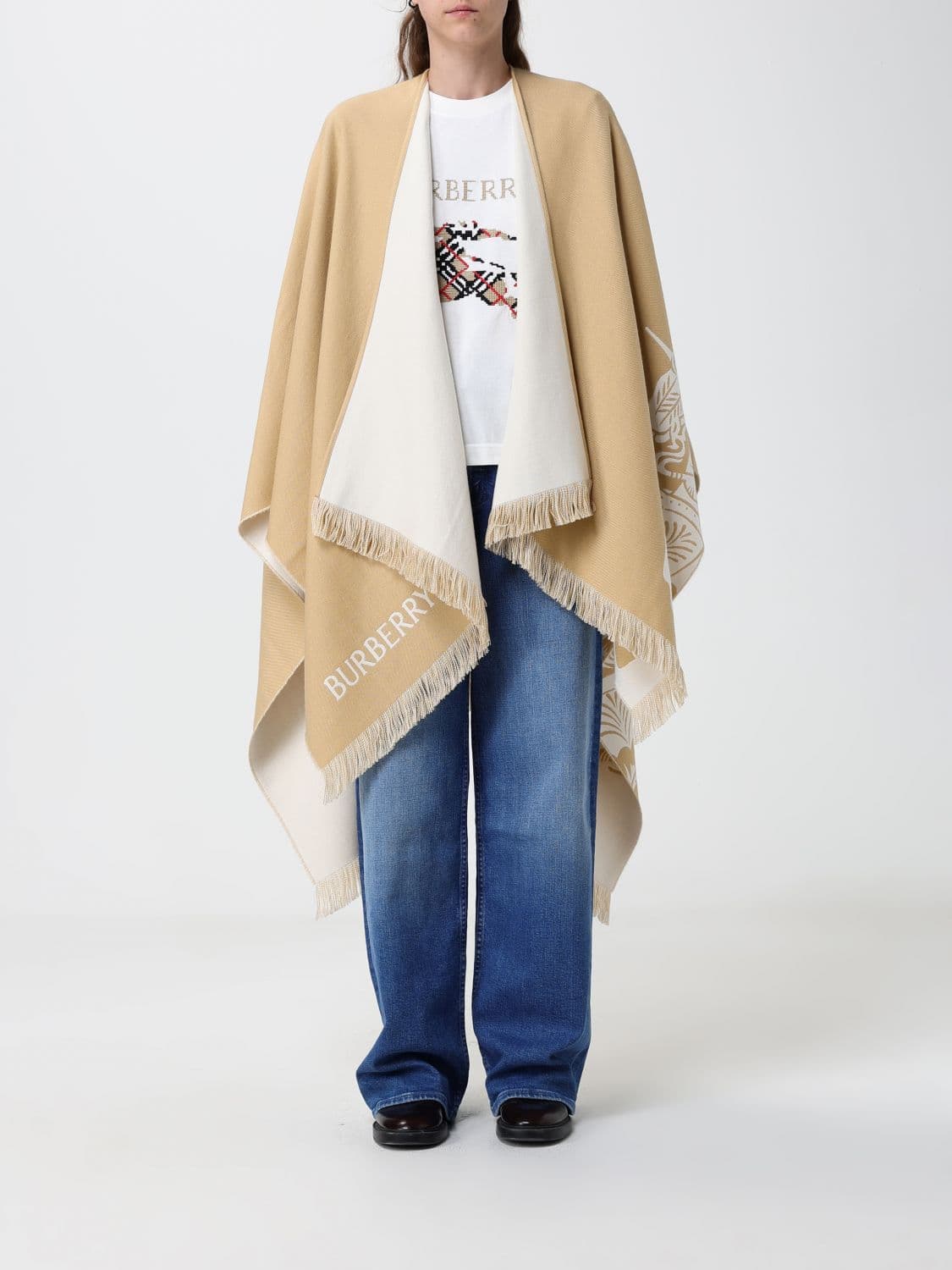 Burberry Asymmetric Wool and Silk Cape with EKD Logo and Fringed Hem · OS