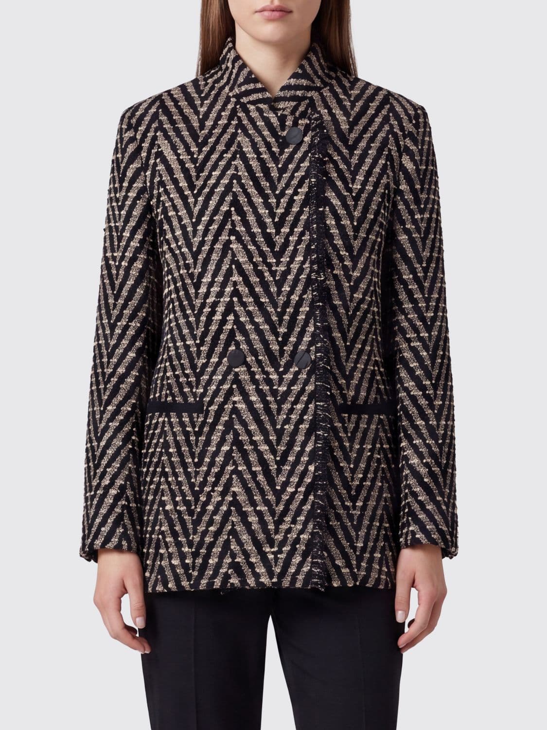 Forte Forte Single-Breasted Short Coat in Cotton Blend with Chevron Pattern