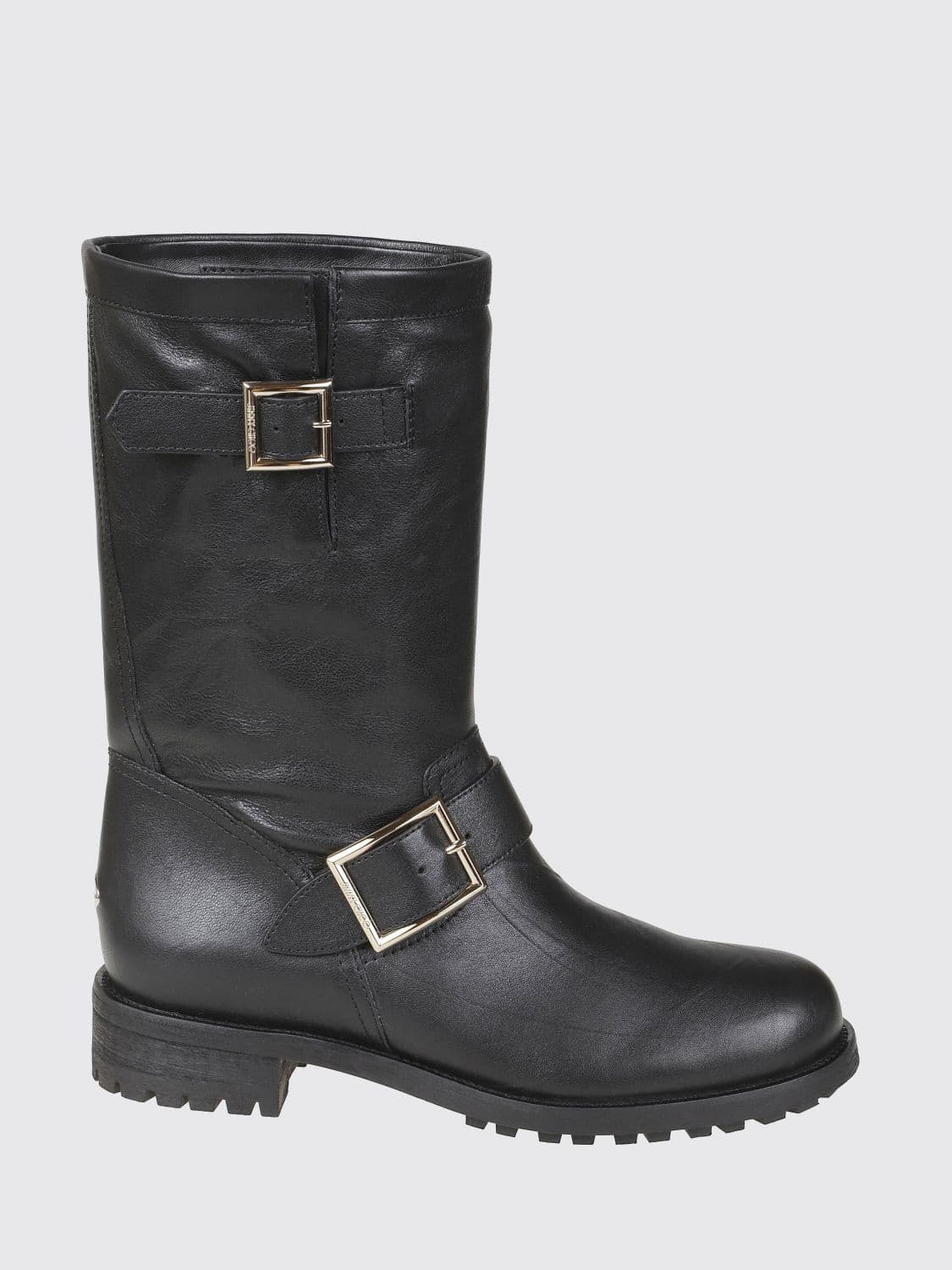 Jimmy Choo Calfskin Biker Boots with Buckles and Lug Sole