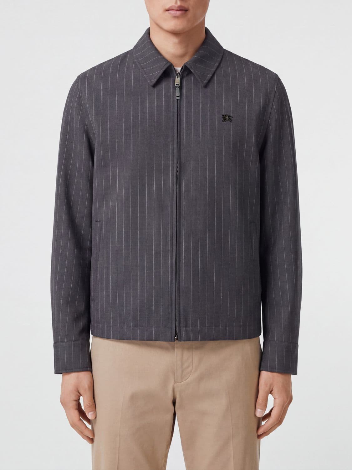 Burberry Pinstriped Wool Shirt Jacket with Embroidered Logo and Zip Closure · 50
