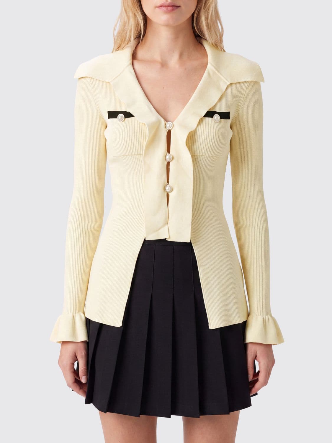 Self-Portrait V-Neck Ribbed Viscose Cardigan with Jewelled Buttons