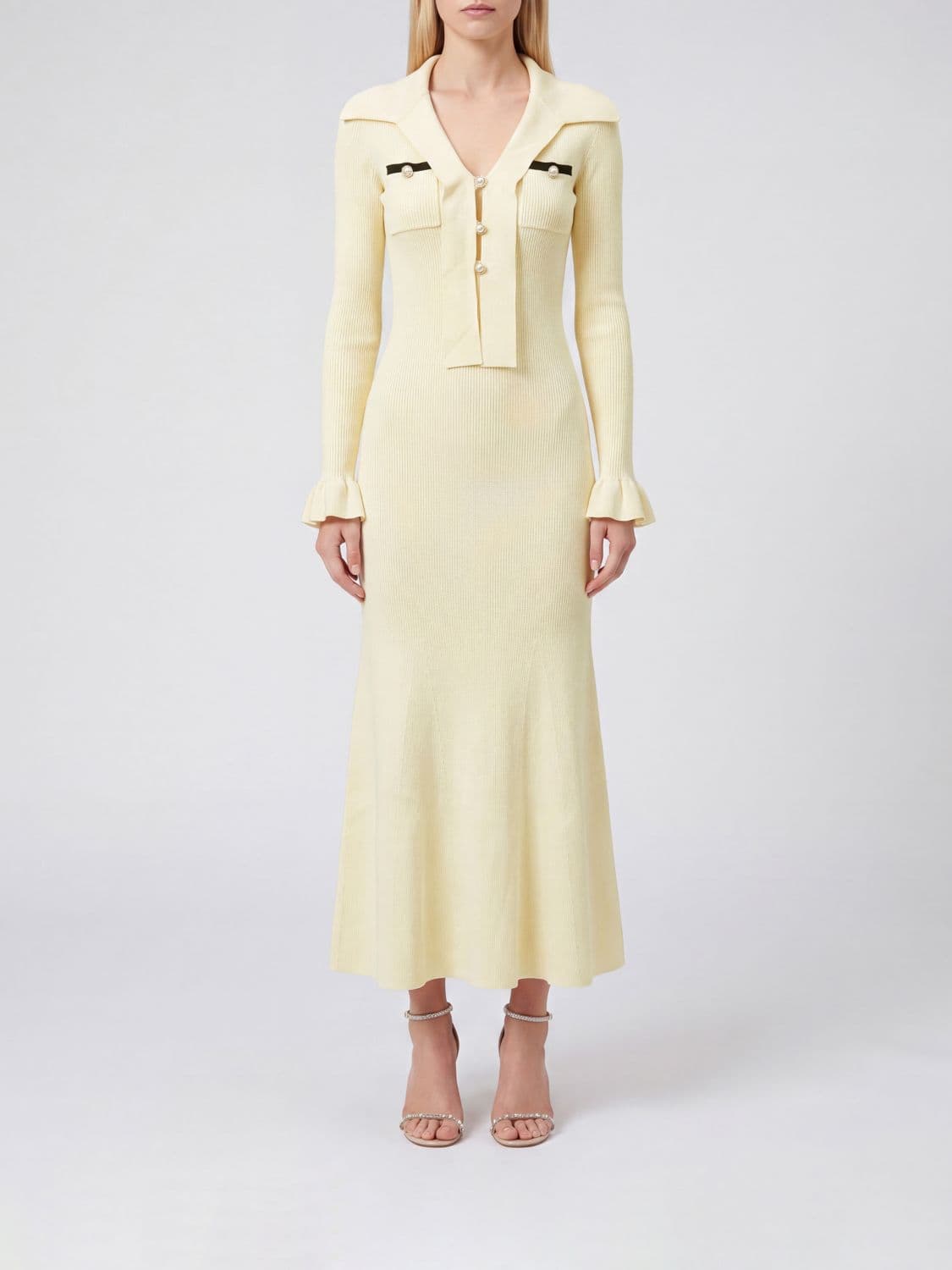 Self-Portrait Slim Fit Knit Midi Dress with Jewelled Buttons and Shawl Collar