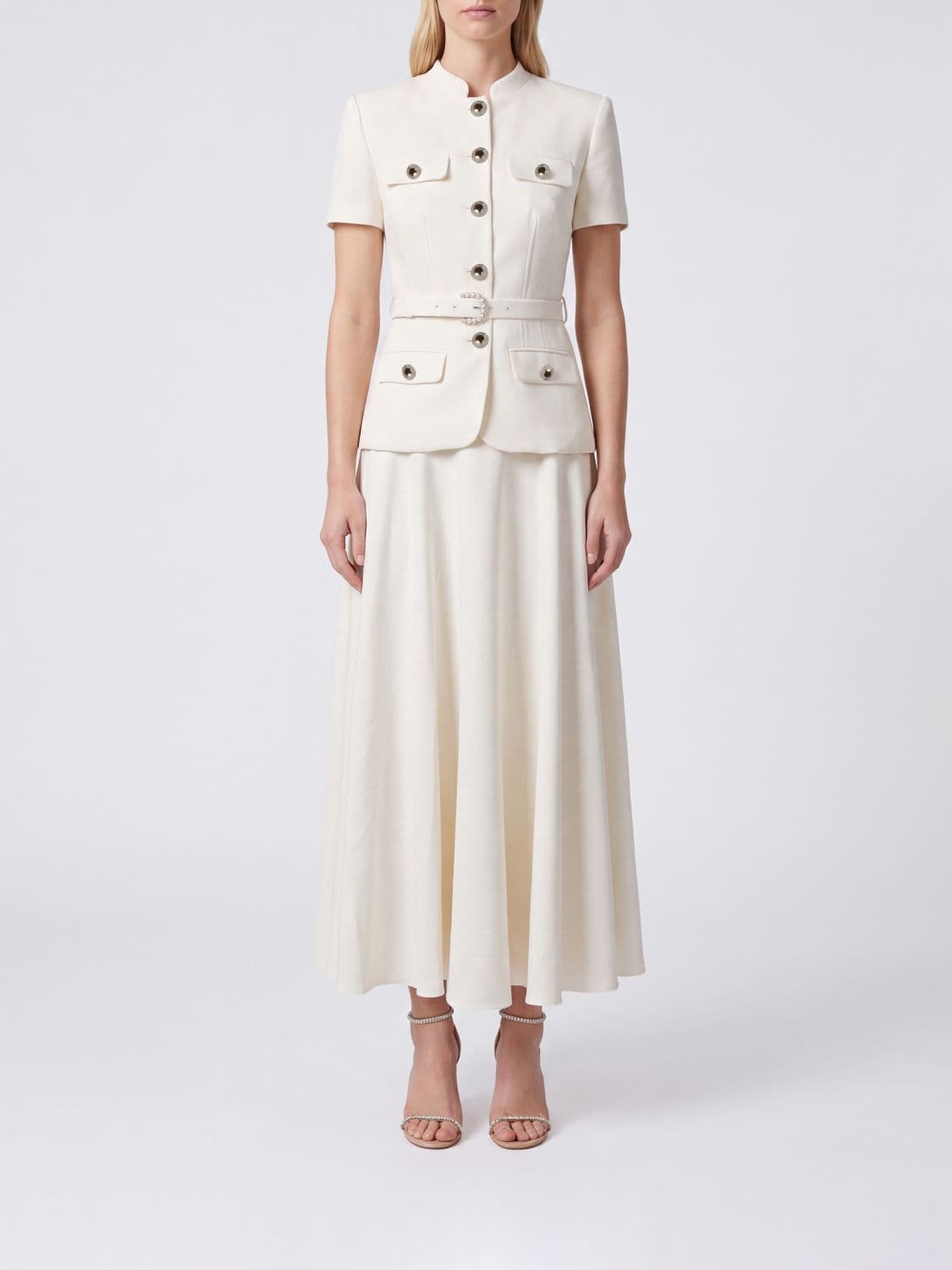 Self-Portrait Midi Chemisier Dress in Crêpe with Mandarin Collar and Bow