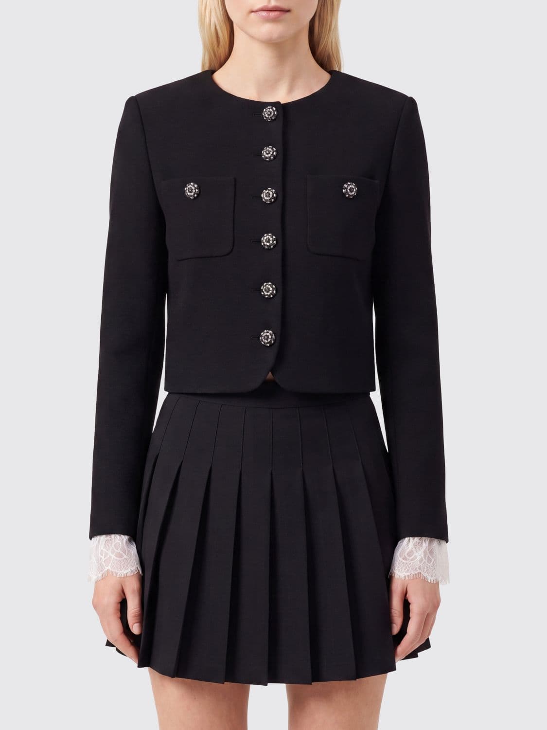 Self-Portrait Cropped Crew-Neck Wool Blazer with Jewelled Buttons