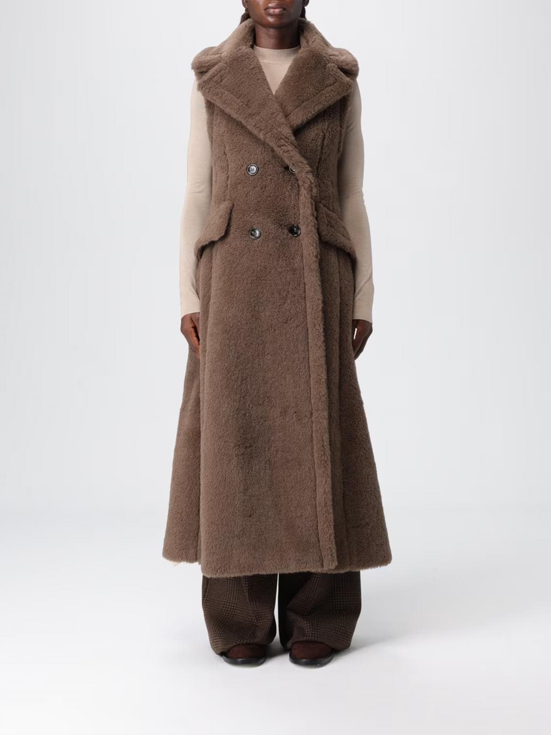 Max Mara Double-Breasted Long Flared Vest in Alpaca, Wool and Silk Blend