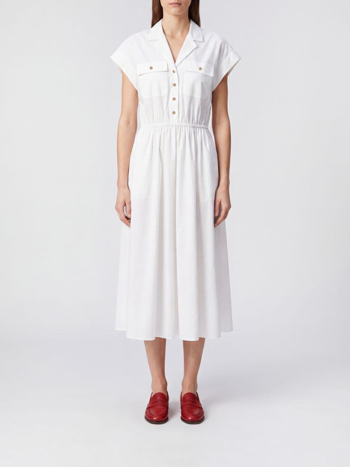 Tory Burch Midi Chemisier Dress in Cotton with Revere Collar and A-line Silhouette