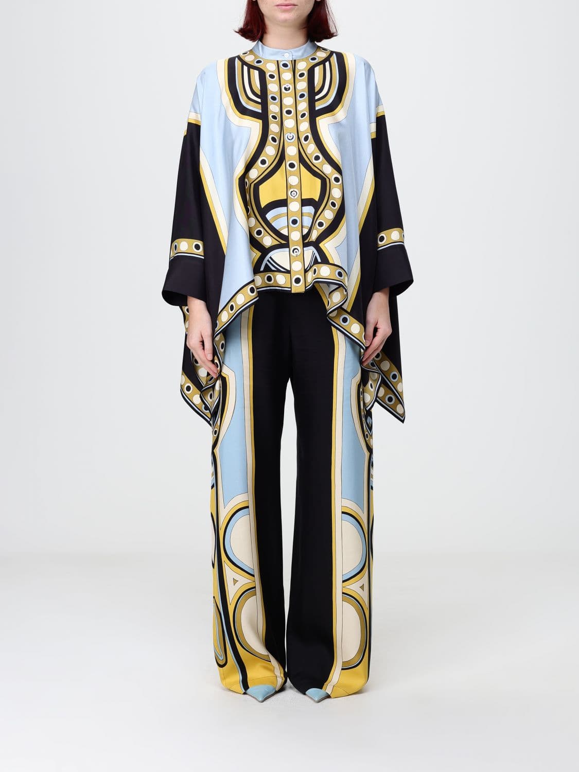 La Doublej Oversized Graphic Print Silk Blouse with Mandarin Collar