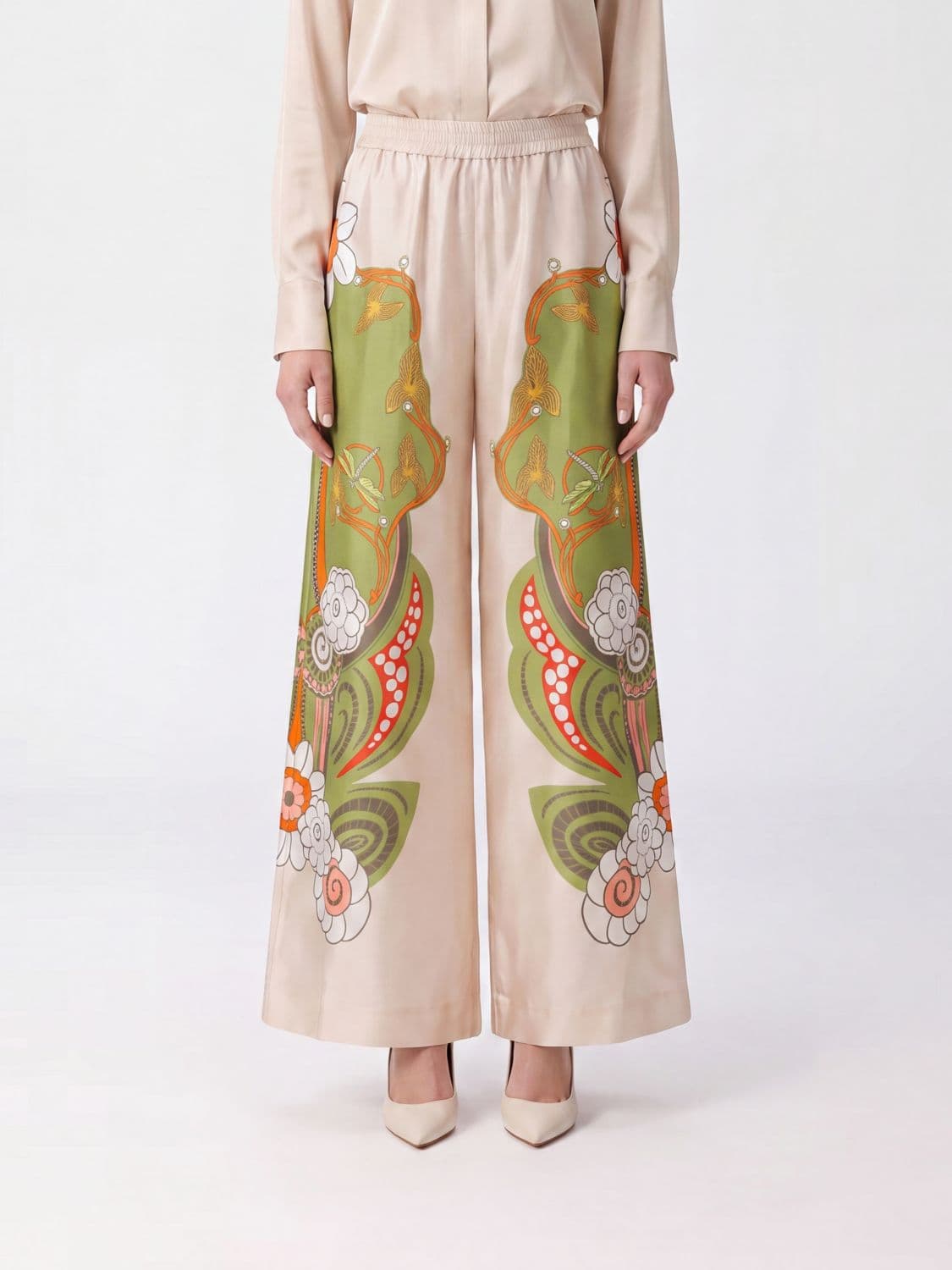 La Doublej High-Waist Floral Silk Palazzo Trousers
