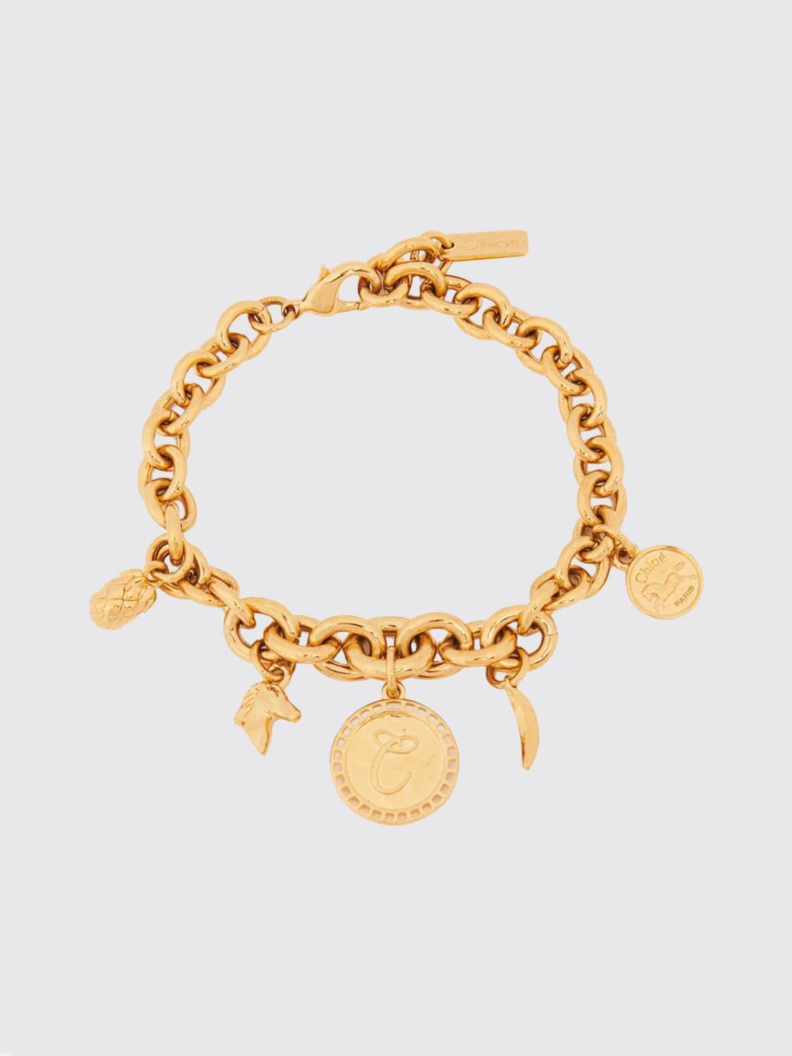 Chloé Brass Bracelet with Gold Finish and Engraved Logo Charm