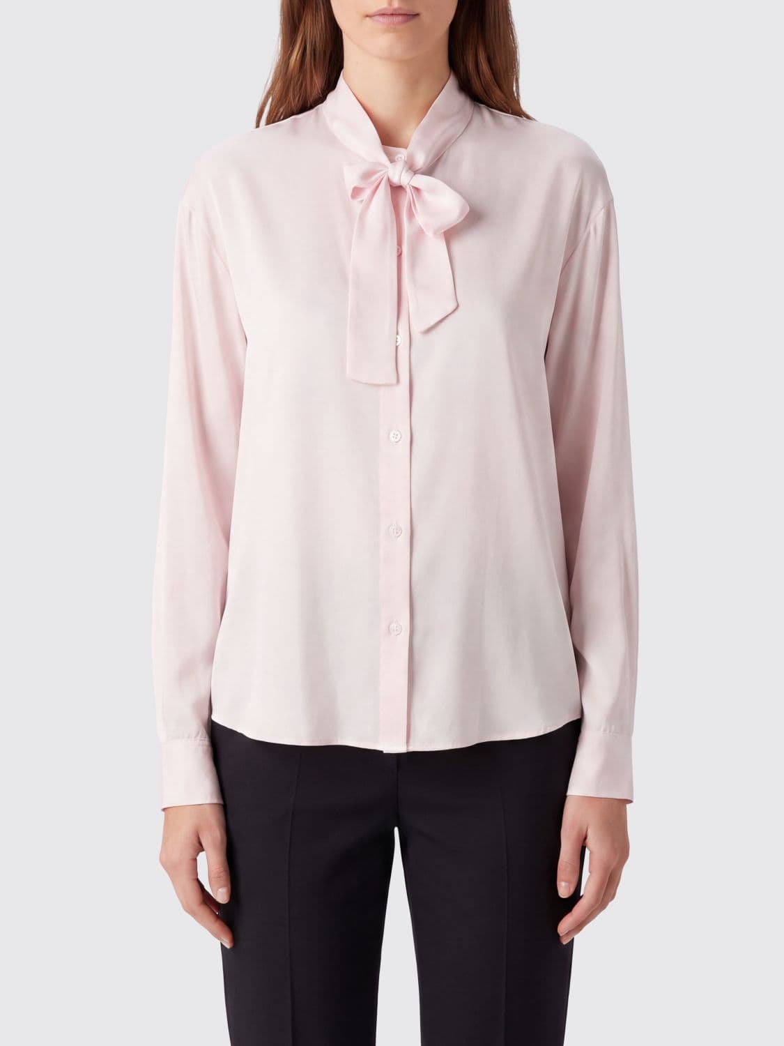 Forte Forte Slim Fit Stretch Silk Shirt with Pussy-Bow Collar and Long Sleeves