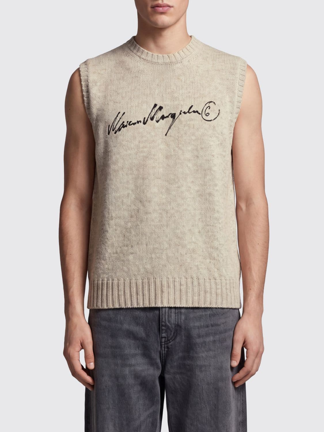 Mm6 Maison Margiela Crewneck Wool Blend Knit Vest with Contrast Logo
