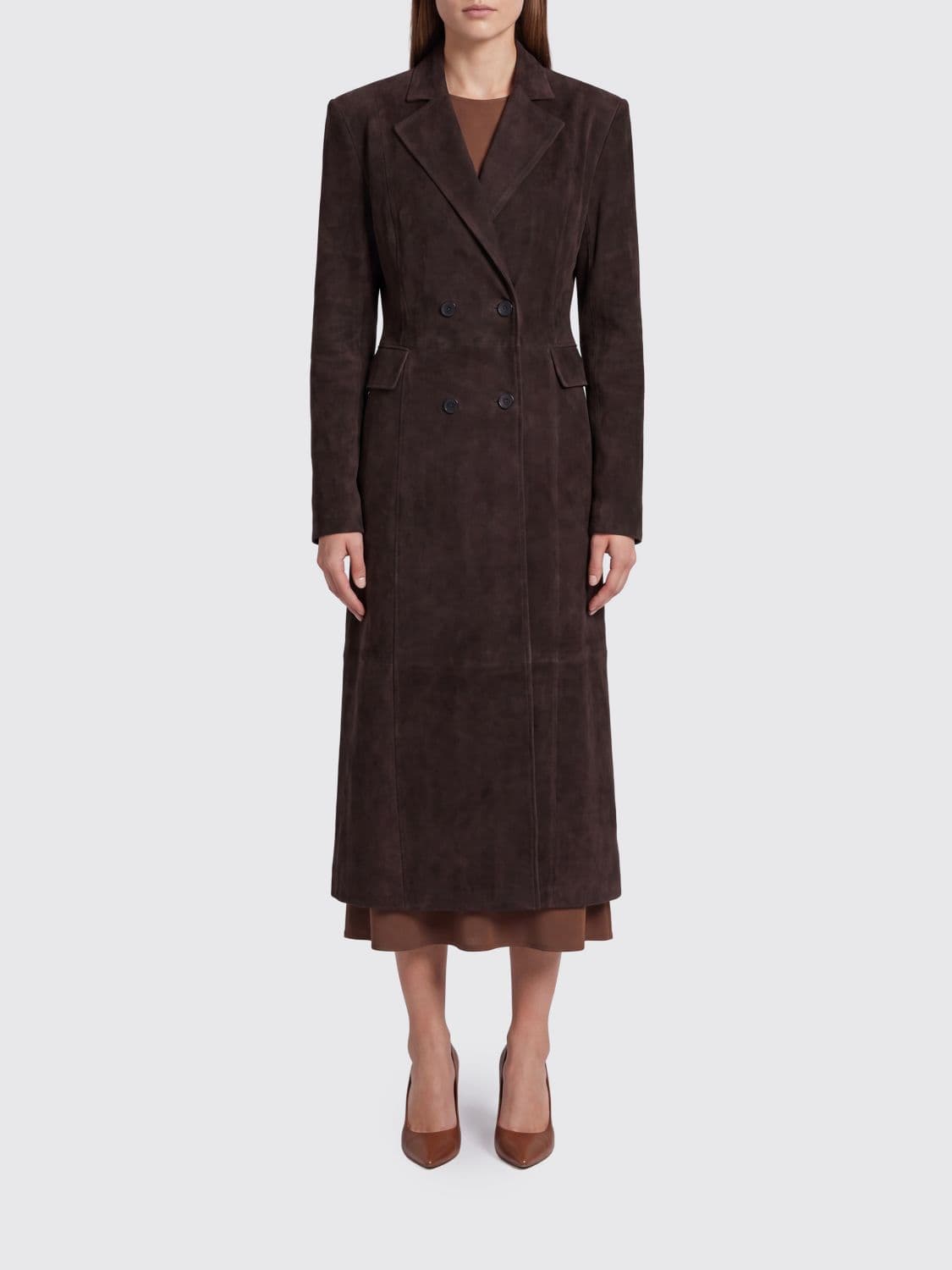 Rotate Double-Breasted Slim Fit Suede Long Coat