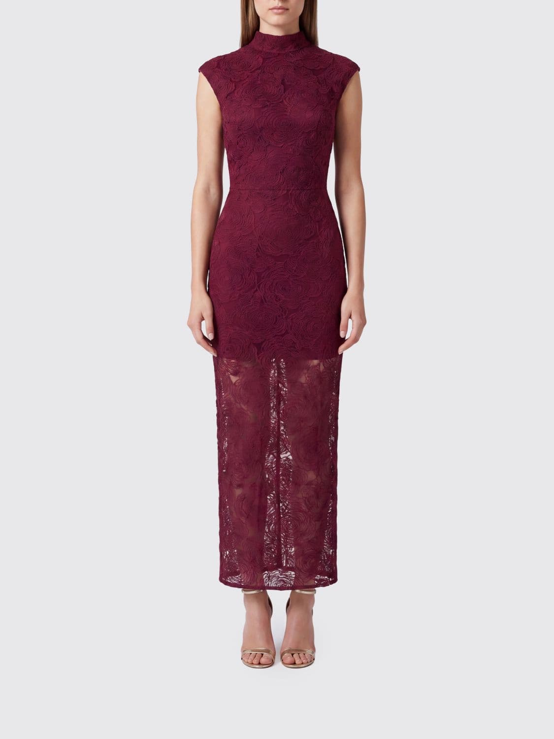 Rotate Sleeveless High-Neck Lace Midi Sheath Dress