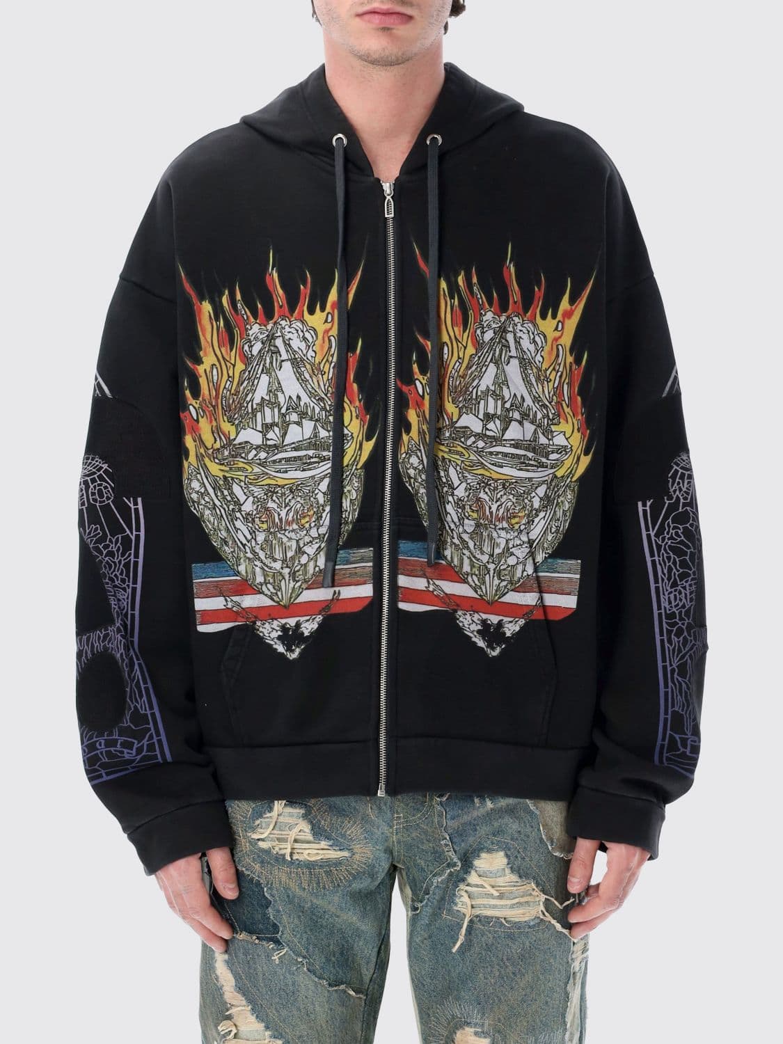 Who Decides War Printed Cotton Jersey Zipped Hoodie with Relaxed Fit