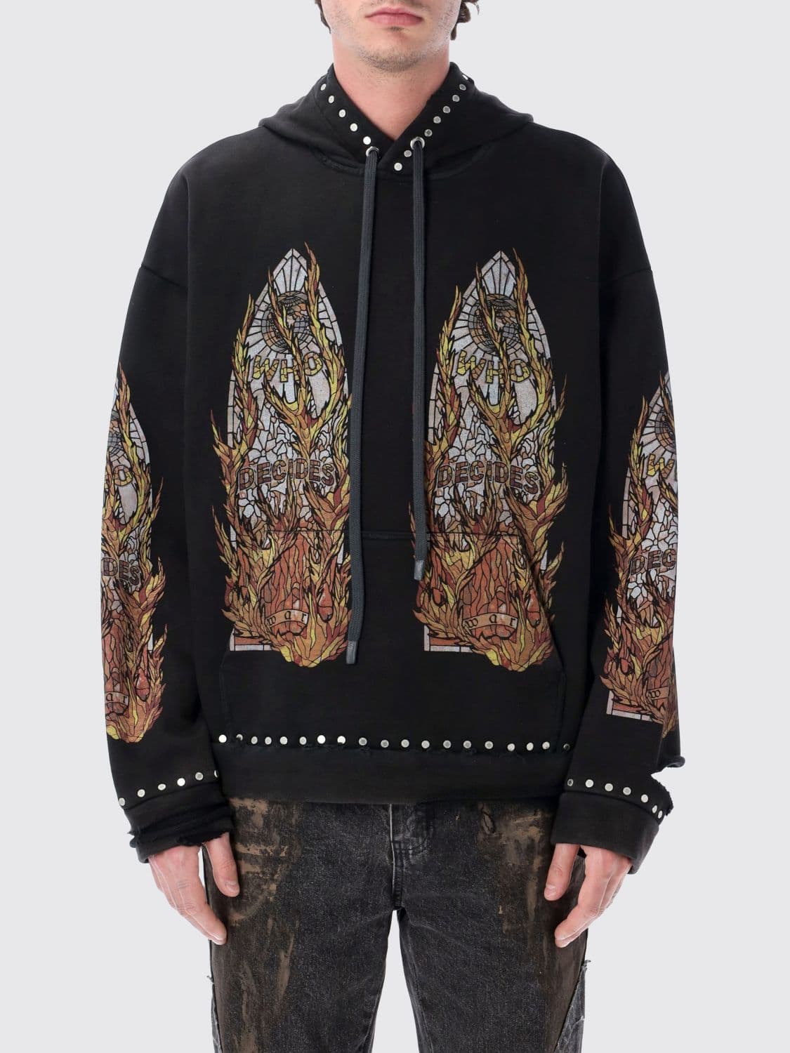 Who Decides War Studded and Printed Cotton Hoodie with Relaxed Fit