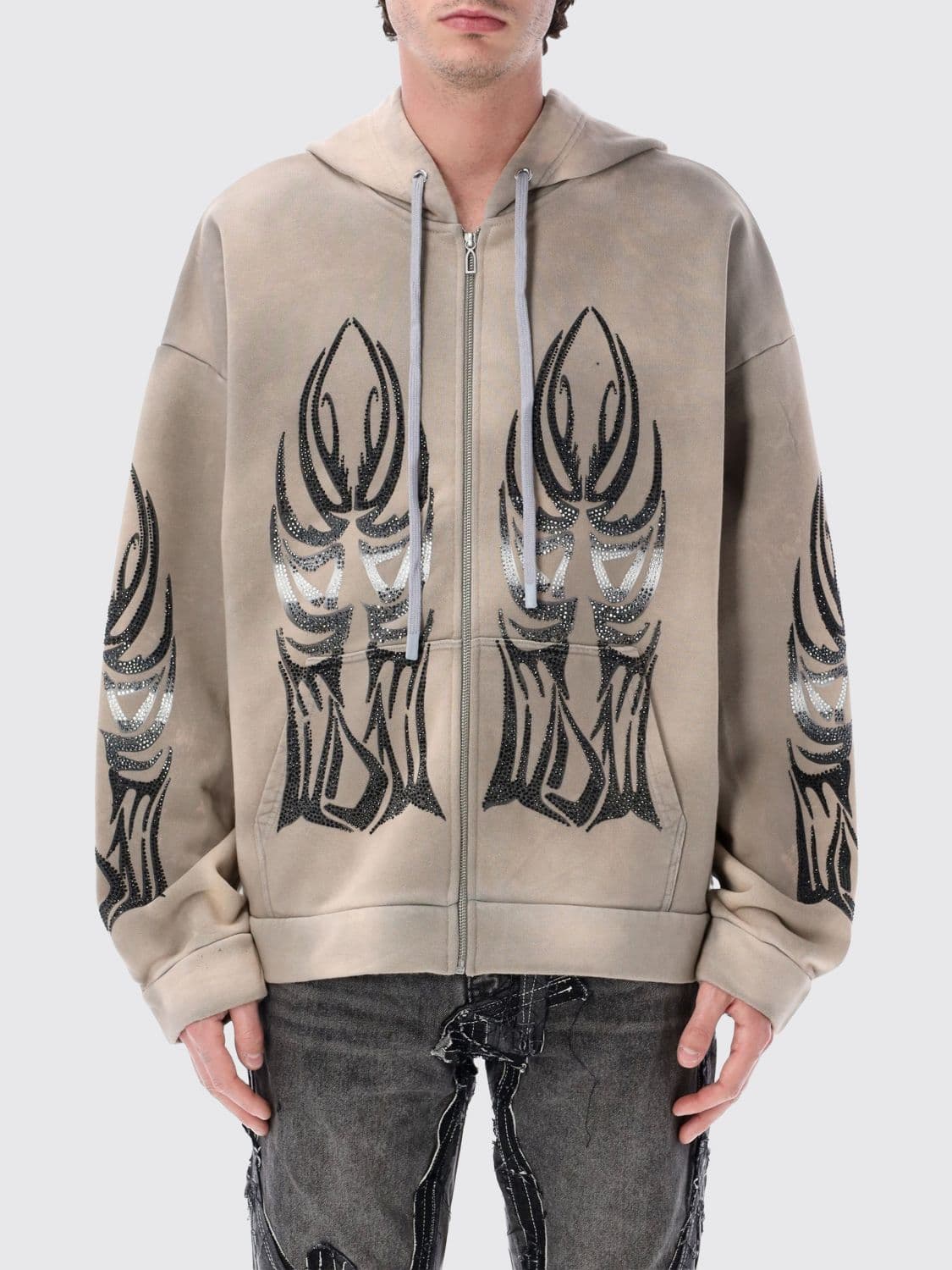 Who Decides War Embroidered and Rhinestone Zipped Hoodie in Jersey · XL