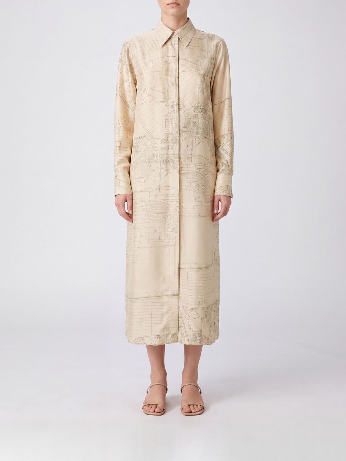 Rohe Midi Silk Chemisier Dress with a Graphic Print and Long Sleeves