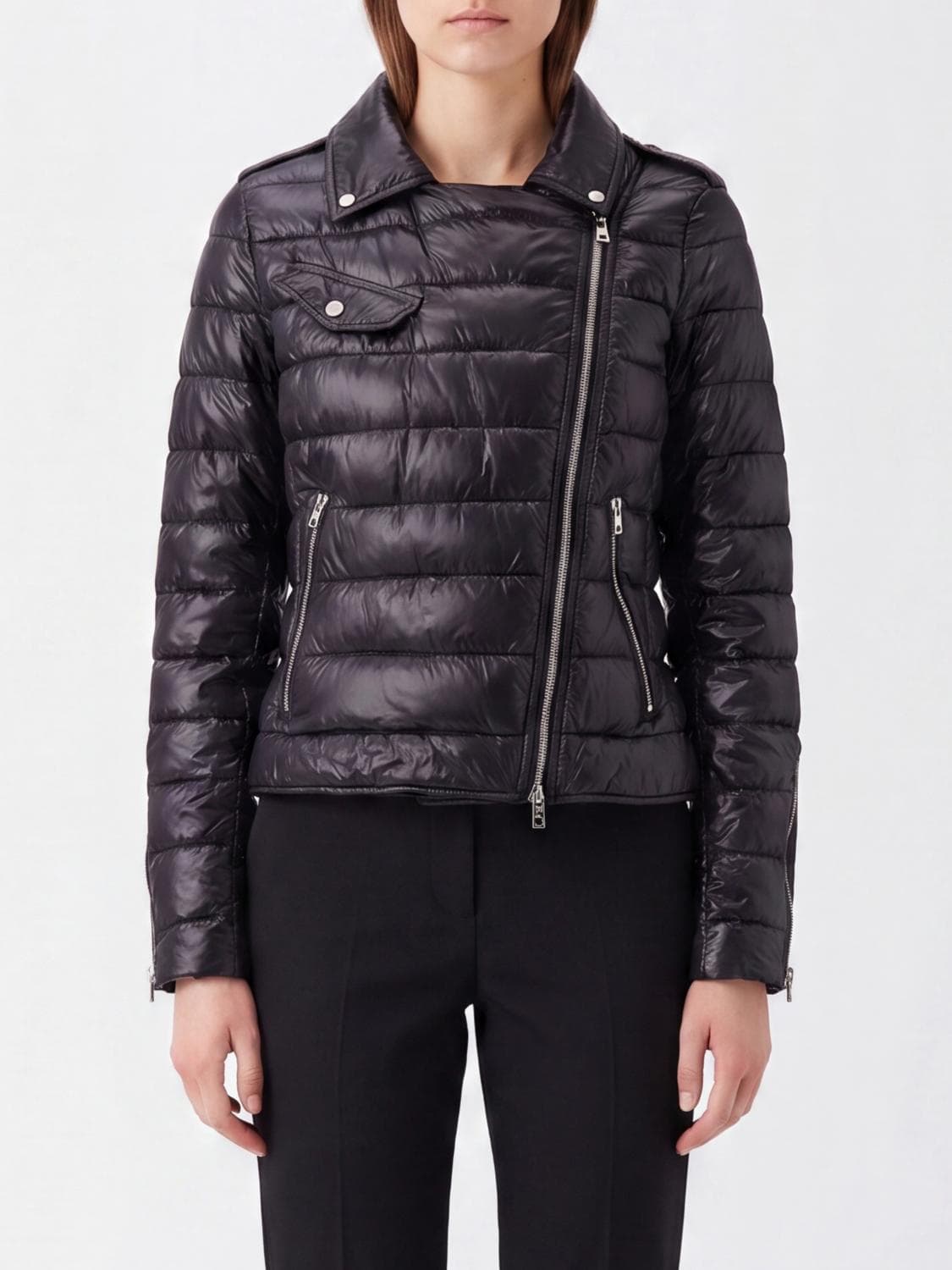 Herno Short Ultra-Light Nylon Biker Down Jacket with Asymmetrical Zip · 44