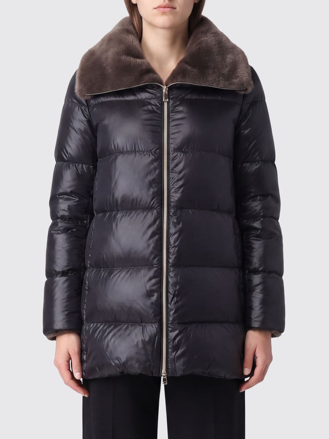 Herno Water-Repellent Quilted Nylon Short Down Jacket with Fur Collar