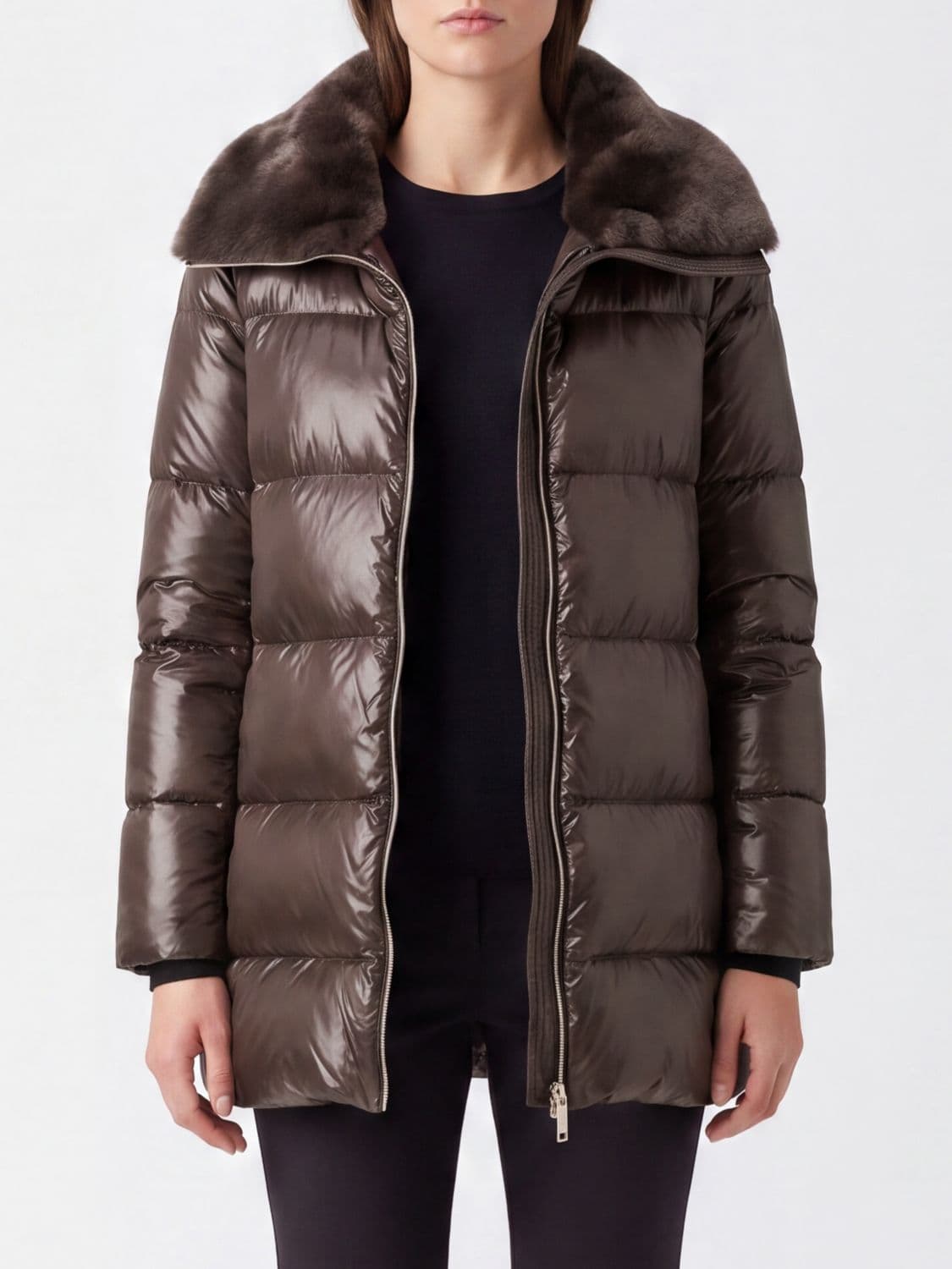 Herno Water-Repellent Quilted Nylon Short Down Jacket with Fur Collar