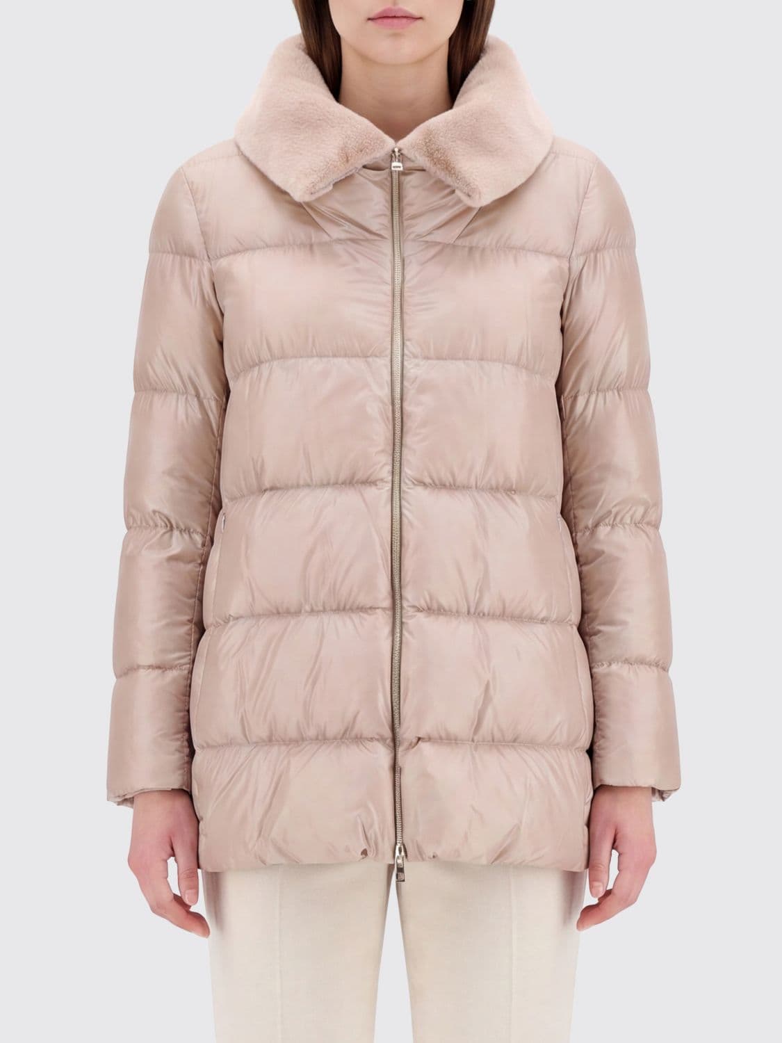 Herno Water-Repellent Quilted Nylon Short Down Jacket with Fur Collar