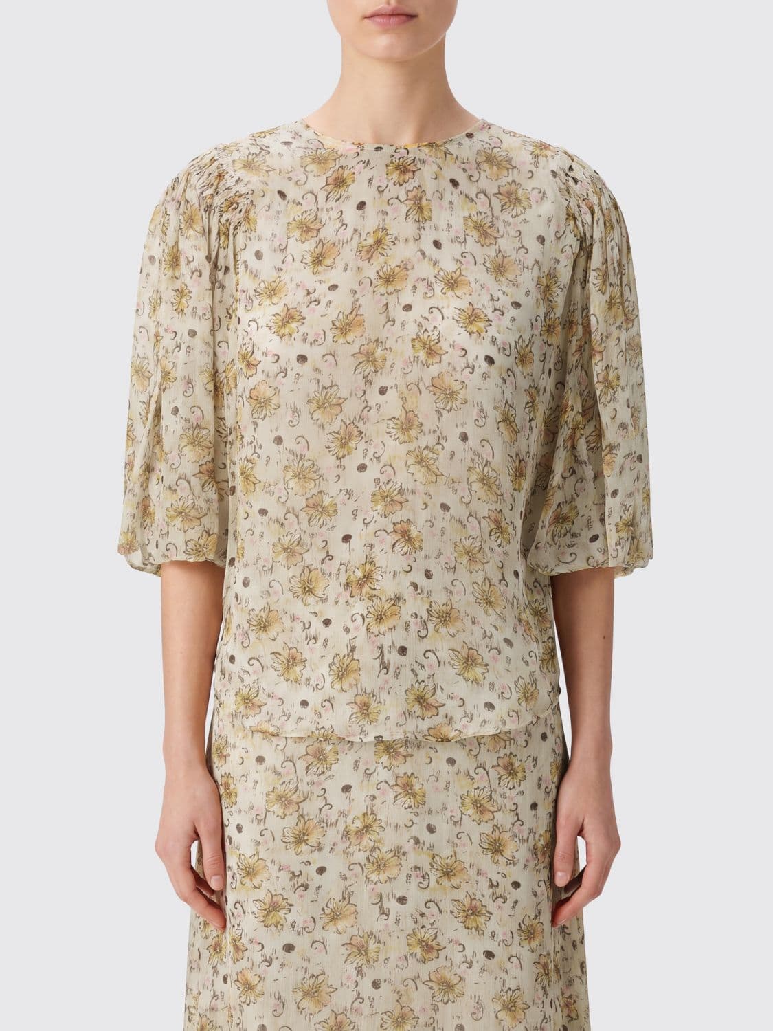 Isabel Marant Etoile Floral Print Viscose Blouse with Short Sleeves and Ruched Shoulders